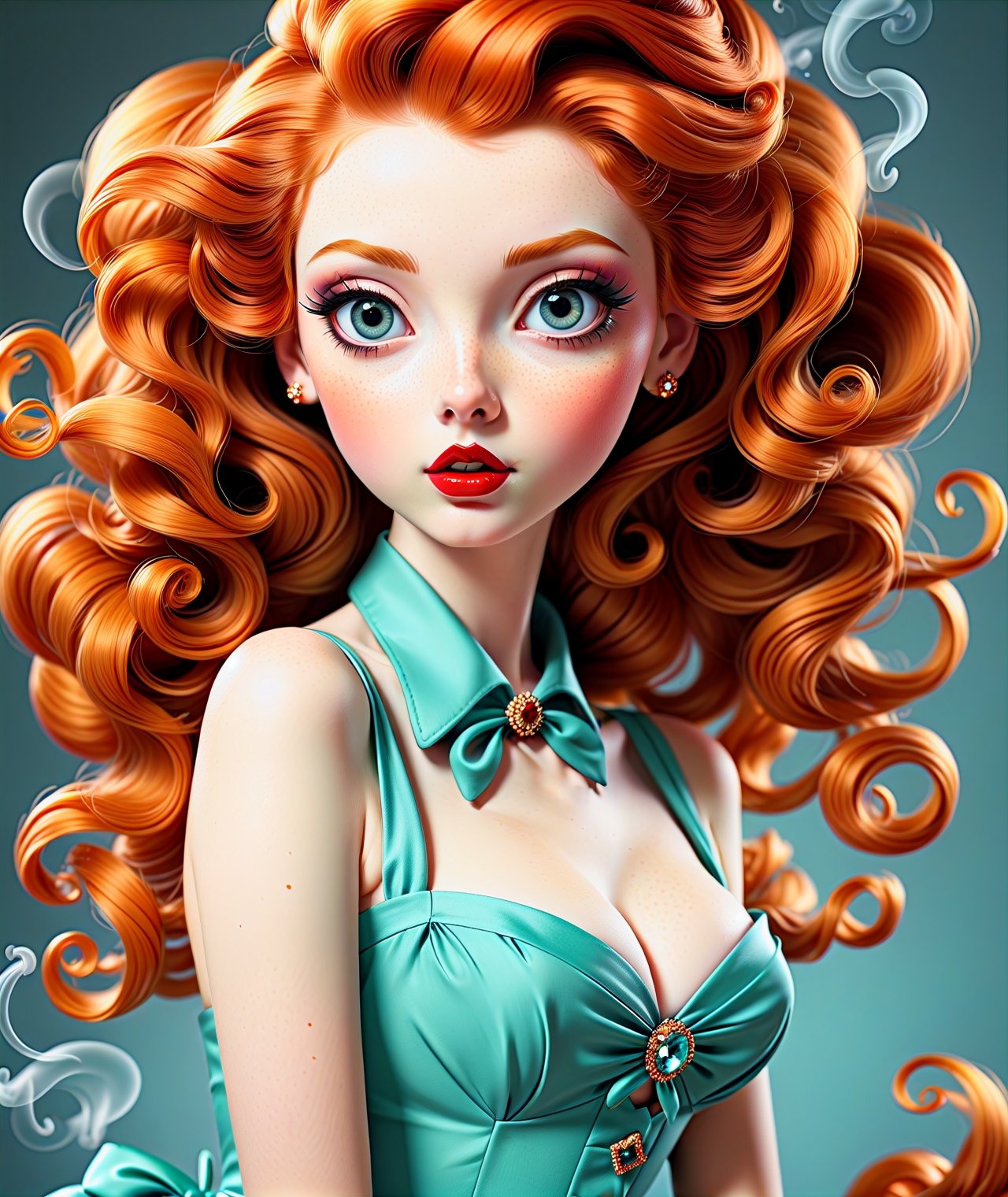 Pin-up style, masterpiece, beautiful ginger girl, slim waist and large detailed eyes, more detail XL, ((SFW)), swirling color smoke, 