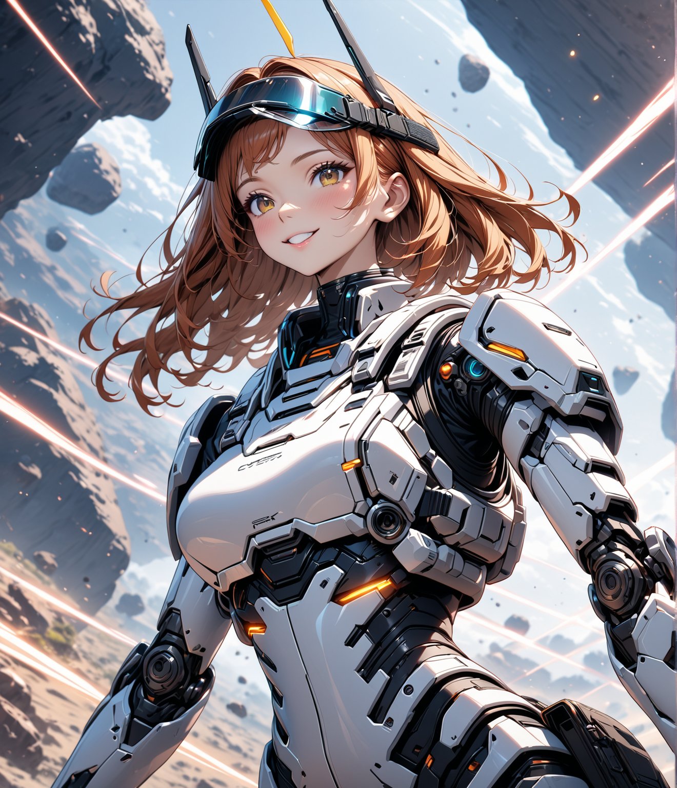 Masterpiece, 4K, ultra detailed, anime style, 1 beautiful cyber robot ginger hair girl wearing tactical visor with fin antenna, smiling with her glossy lips, SFW, vapor trails, rocky space asteroids, depth of field, mechanical arms