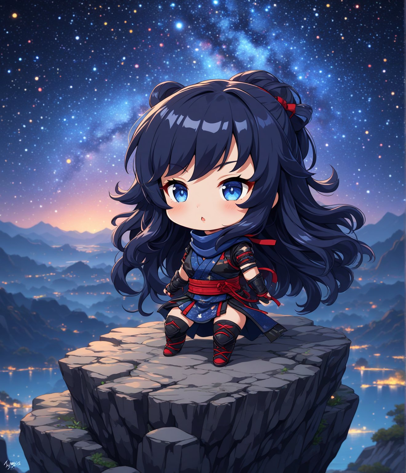 Masterpiece, 4K, ultra detailed, chibi anime style, beautiful female ninja with flawless makeup and glossy lips, long flowy hair wearing ninja outfit, on top of a rocky cliff, colorful starry night, depth of field, SFW, Ukiyoe Art Style,