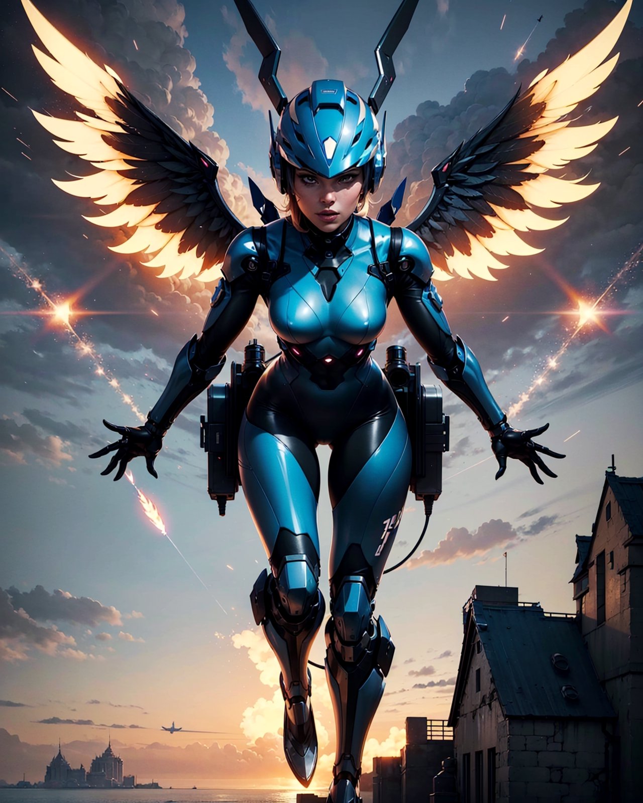 A sexy girl wearing a clear helmet flying with a futuristic mechanical winged jetpack in a mythical sky, avoiding incoming missiles, flame, full body portrait, 4K, dynamic angle, photorealistic, solo, (bunny), symmetrical wings, facing viewers, perfect face,