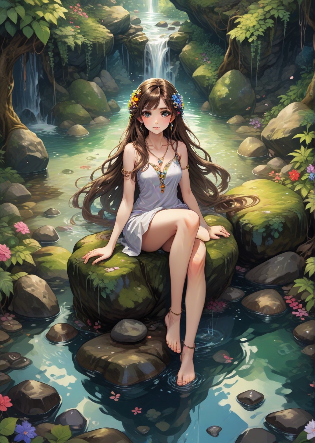 Solo, full body portrait, anime style, beautiful woman with long brown hair, big detailed eyes and dangling crystal earrings, sitting on boulders, both feet in water kicking, in mythical forest with hanging thick vines and cluster of colorful flowers, shallow stream, water splash, reflections, pebbles, highly detailed, dynamic angle, more detail XL,<lora:659095807385103906:1.0>