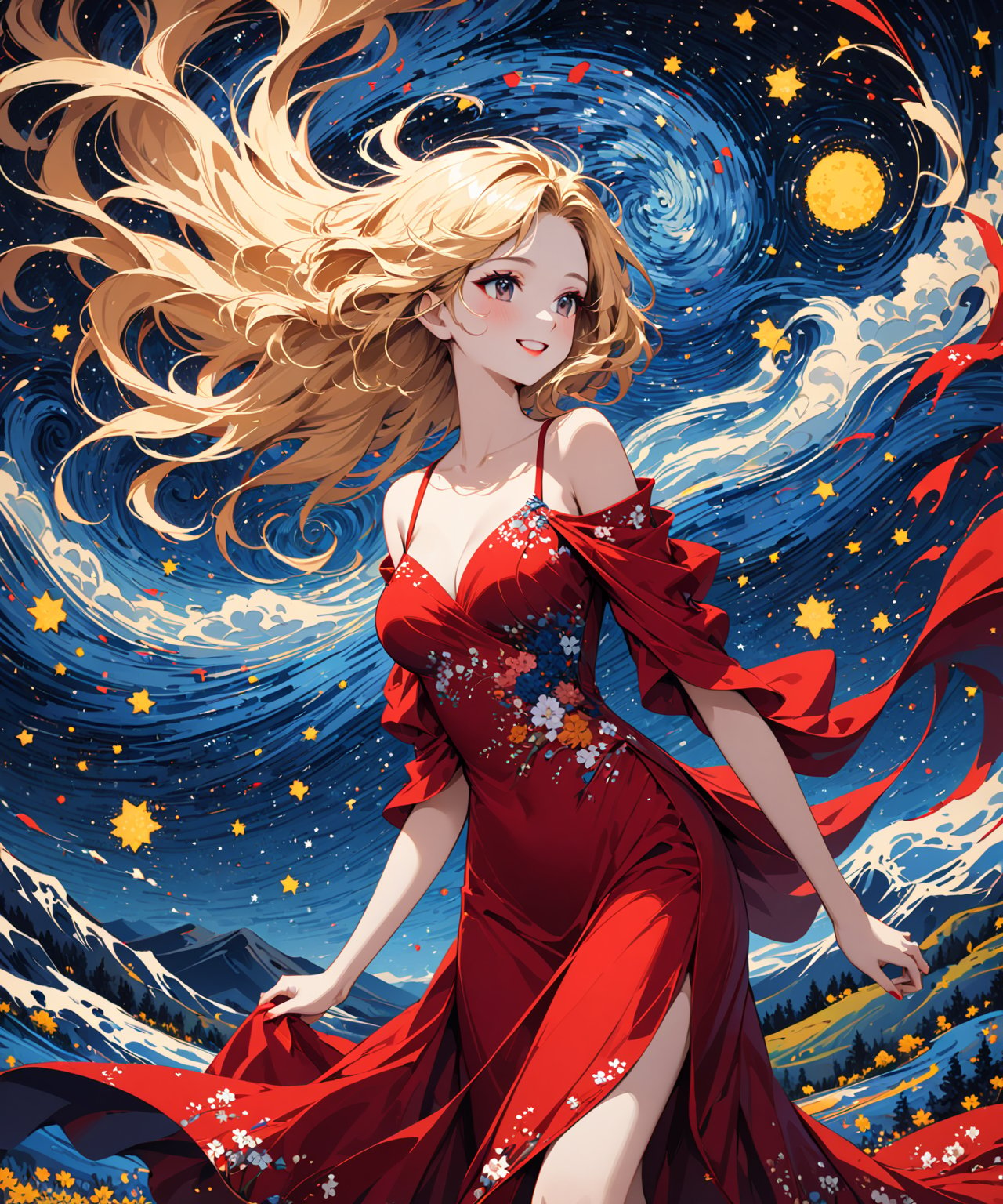 Masterpiece, 4K, ultra detailed, beautiful long flowy blonde hair woman walking in flowering park wearing elegant red satin dress, perfect makeup and smiliing, epic starry night, windy, more detail XL, SFW, depth of field, Ink art, (ukiyoe art style)