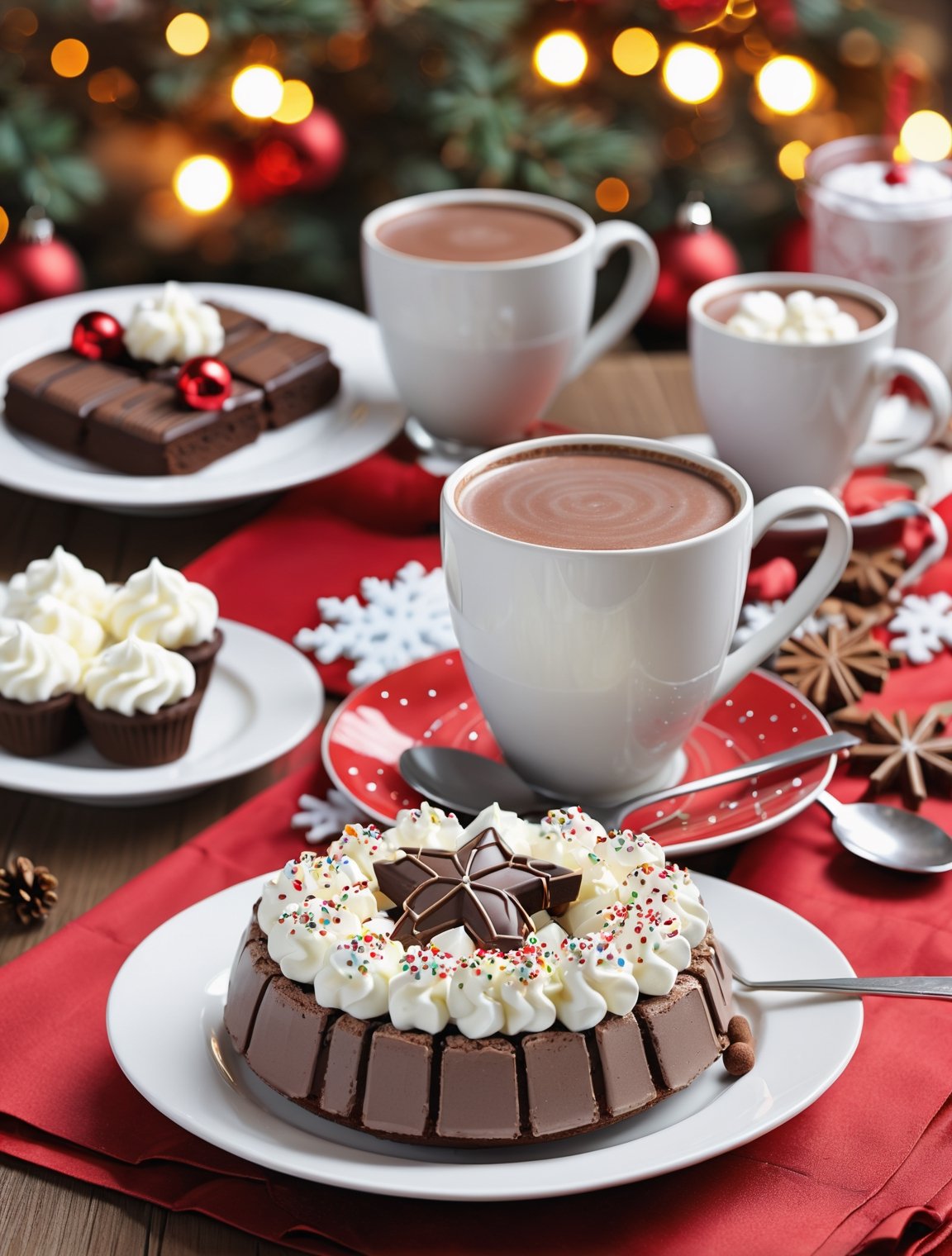 ((anime)), delicious dessert and a cup of hot chocolate, Christmas setting, dynamic angle, depth of field, detail XL,
