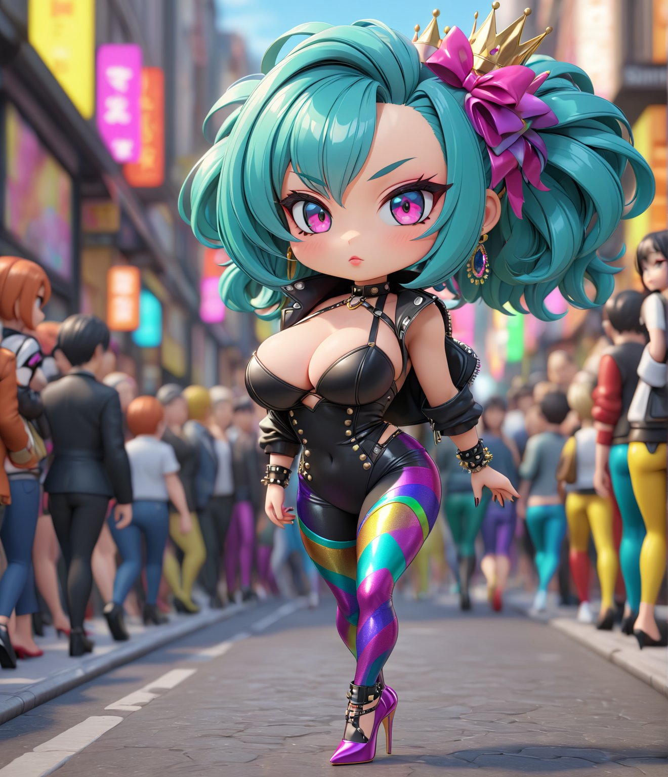 Masterpiece, 4K, ultra detailed, (chibi anime style), punk style female beauty queen with perfect makeup, SFW, busty, depth of field, vibrant iridescence leggings, walking with stilettos high heels, crowed street, 3D,Cartoon