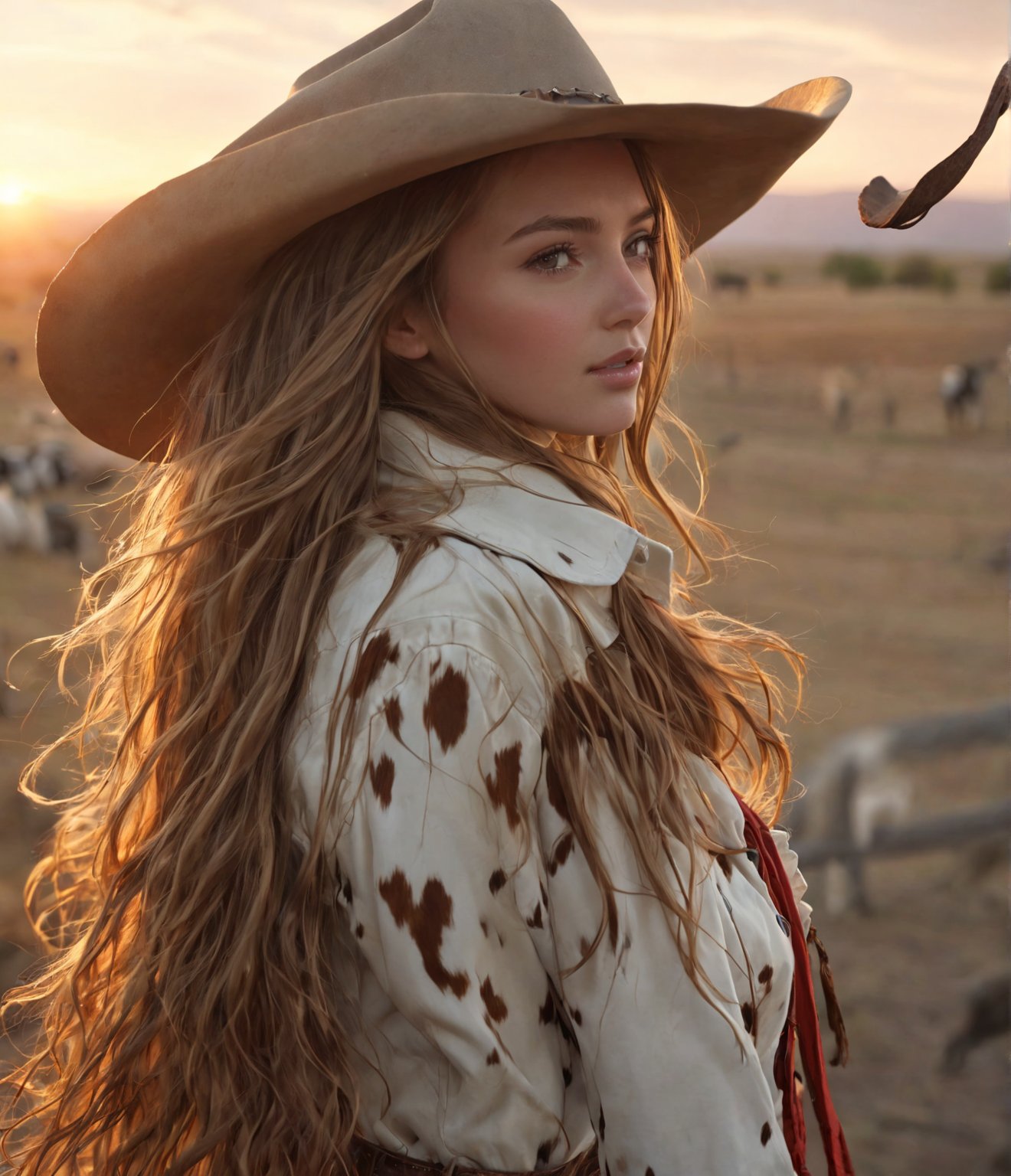 Masterpiece, 4K, ultra detailed, beautiful female cowboy with long hair, depth of field, SFW, sunset, cattle ranch, cowboy hat, windy,