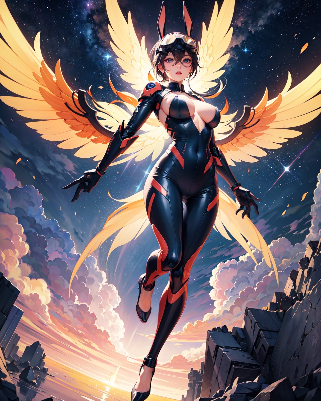 A sexy girl wearing a goggles flying with a futuristic mechanical winged jetpack in a mythical sky, flame, full body portrait, 4K, dynamic angle, photorealistic, solo, (bunny), symmetrical wings, facing viewers,