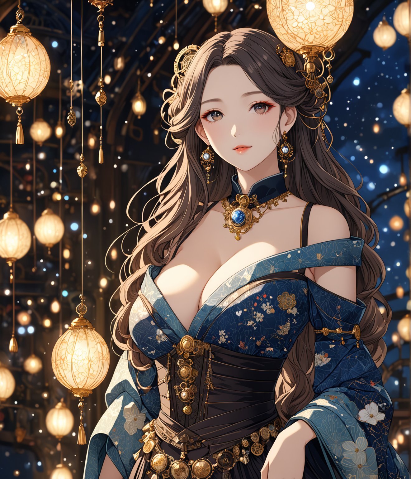 Masterpiece, 4K, ultra detailed, elegant fashionable woman, busty cleavage, perfect makeup and long flowy hair, SFW, depth of field, backlighting, hanging crystal lights, steampunk Victorian Art Style, (Ukiyoe Art Style),