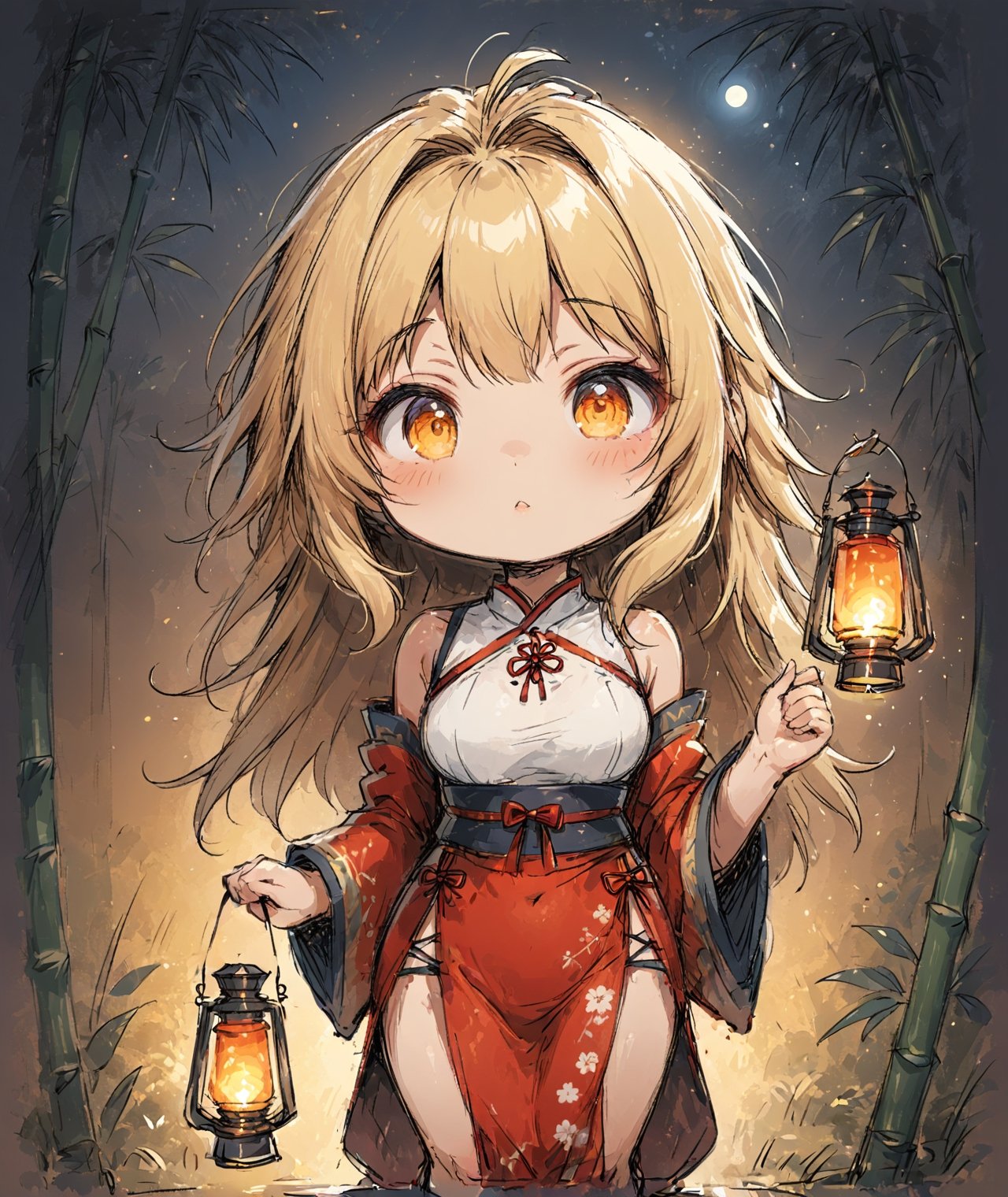 ((chibi anime style)),  masterpiece, 4K, 1 blonde girl with long hair wearing a traditional Asian dress holding a lantern, walking in a bamboo forest, medium breasts and detail eyes looking at viewers, more detail XL, SFW, nighttime, moonlight,