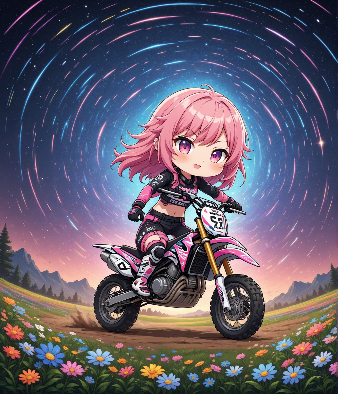 Masterpiece, 4K, ultra detailed, chibi anime style, beautiful female motocross rider, long flowy pink hair, looking at the epic colorful starry night, shooting stars, wild flowers, depth of field, SFW,ULTIMATE LOGO MAKER [XL]