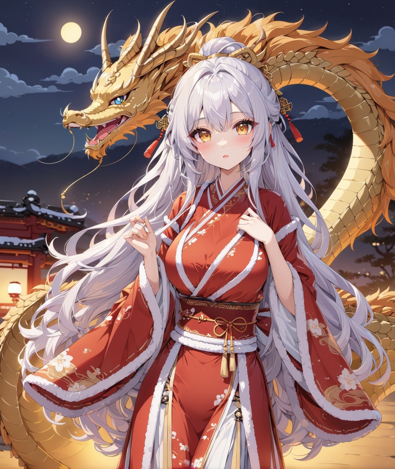 Chibi anime style, 4K, ultra detailed, 1 cute girl with long hair wearing a traditional Asian dress, medium breasts and detail eyes looking at viewers, Golden dragon in the background, more detail XL, SFW,  nighttime, moonlight, ,winterhanfu