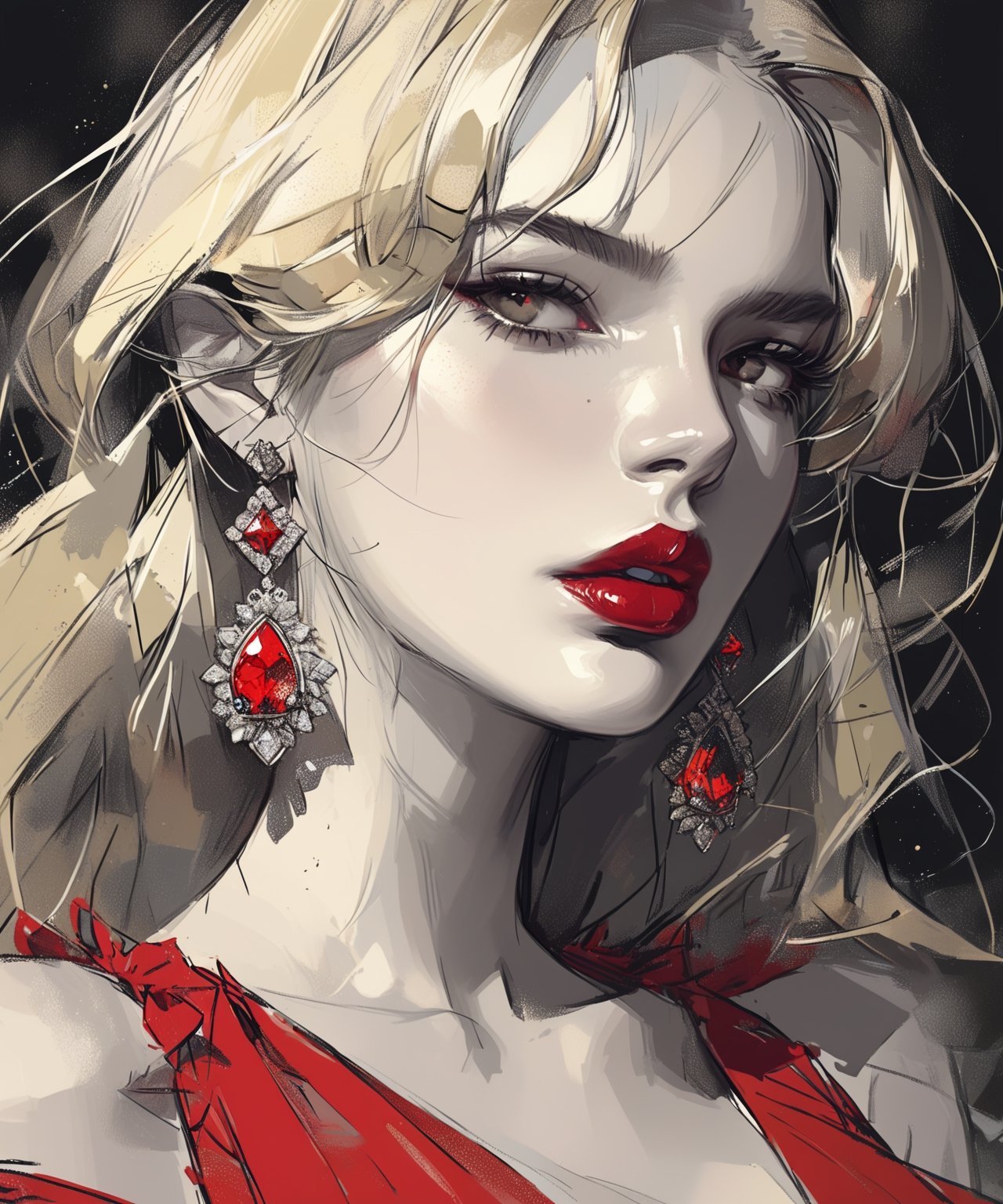 Masterpiece, 4K, ultra detailed, ((solo)), anime art style, busty blonde woman with beautiful detailed eyes and glamorous makeup, (bright red lips), dangling earrings, SFW, depth of field, charcoal \(medium\), 