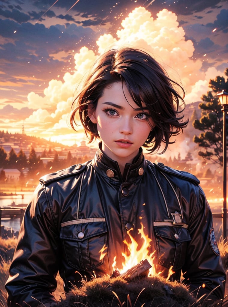 8k best quality, masterpiece, illustration, (realistic, photo-realistic:1.37), amazing, finely detail, masterpiece, absurdres, incredibly absurdres, huge filesize, ultra-detailed, highres, extremely detailed, sharp focus, detailed man, extremely detailed eyes and face, symmetrical face, big beautiful detailed eyes, fullbody portrait, firefighter wearing reflective uniform holding an axe, sole_male, walking towards viewers, SFW, vast grassland, dark thunderstorm rolling in, lightning running across the frame, black billowing smokes turning sky dark, sunset, flints, very windy, fumes, flame, burning, ashes, char, wide angle, extreme depth of field, lens flare,