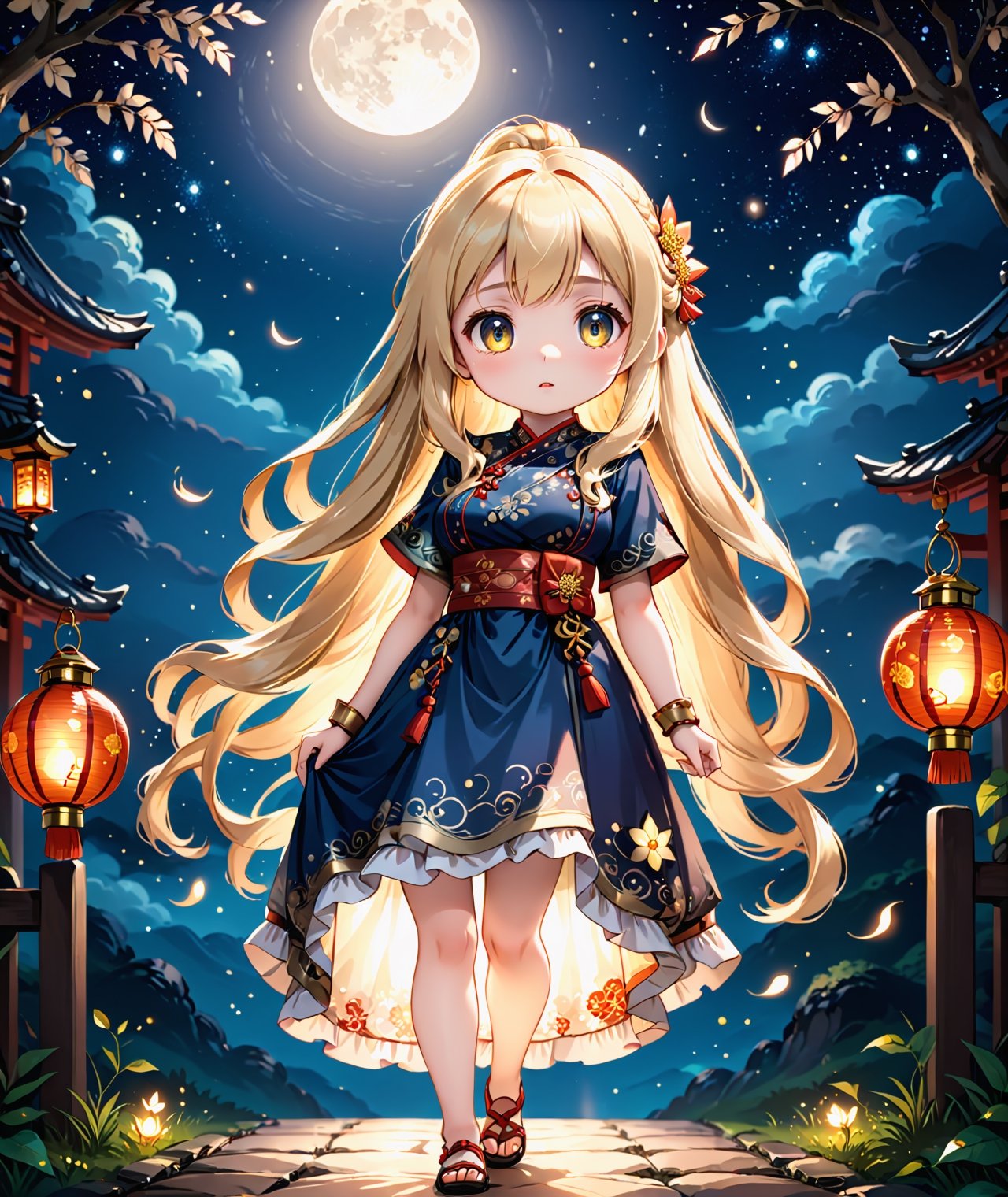 ((Chibi anime style)),  masterpiece, 4K, 1 blonde girl with long hair wearing a traditional Asian dress holding a lantern, large breasts and detail eyes looking at viewers, more detail XL, SFW,  nighttime, moonlight, walking pose, 