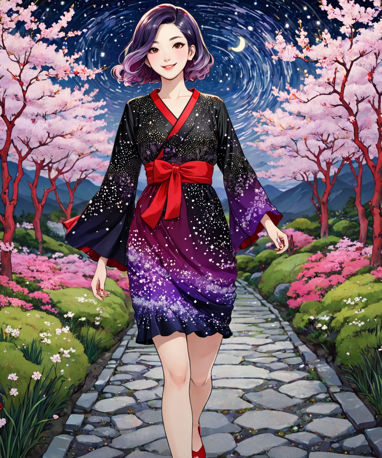 Masterpiece, 4K, ultra detailed, beautiful black and purple ombre hair mature woman walking in a flowering pathway wearing short sparkly red satin dress, perfect makeup and smiling, epic starry night, windy, more detail XL, SFW, depth of field, (ukiyoe art style),