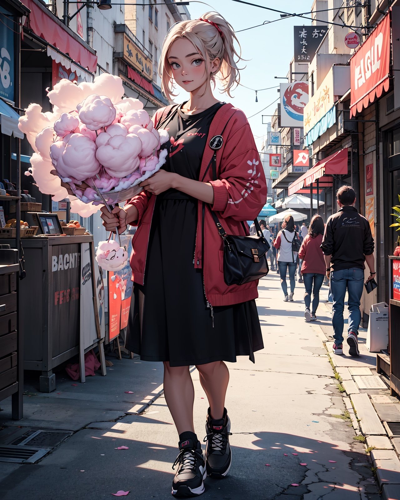 A cute young girl holding a gigantic cotton candy on a stick with 2 hands, street fair background, 4k, highly detailed, full body portrait,