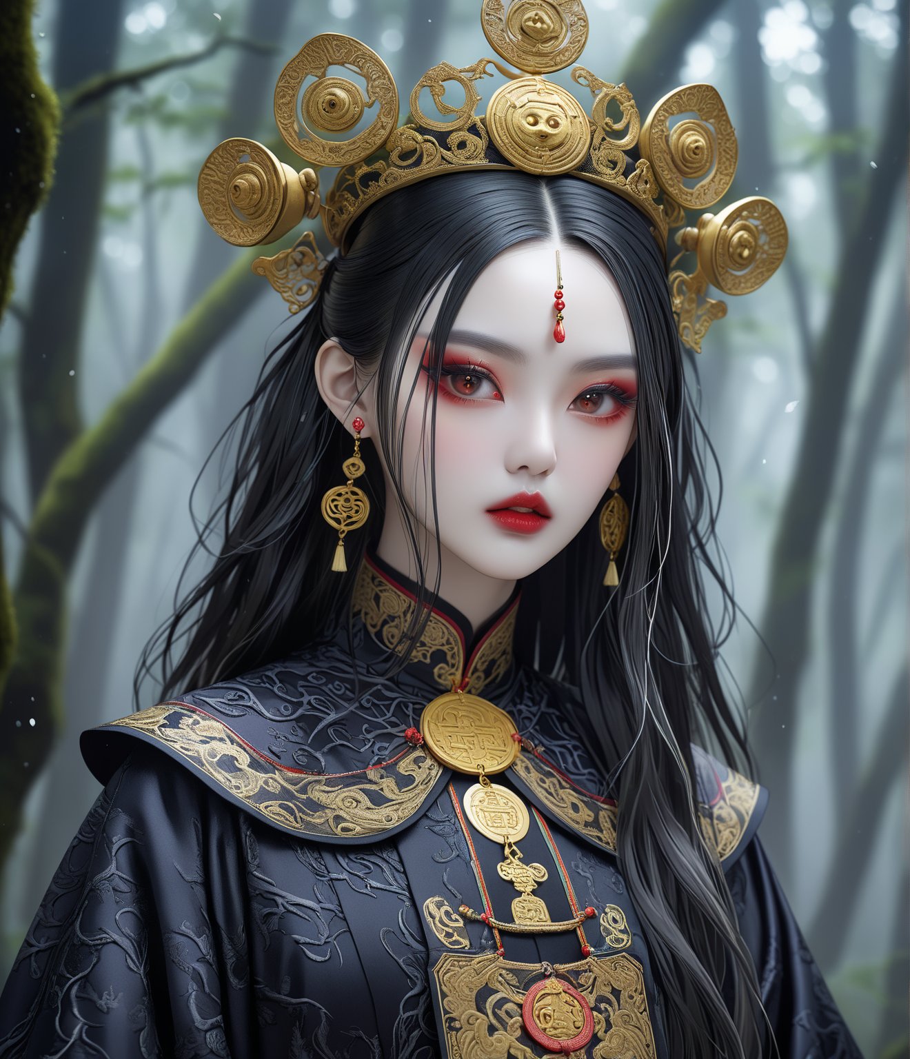 Masterpiece, 4K, ultra detailed, frightening female Jiangshi with flawless goth makeup, paper talisman on forehead and glossy lips, golden earring, wavy long hair, dark silk robe with very long sleeves, in a misty dark forest, depth of field, SFW, more detail XL,