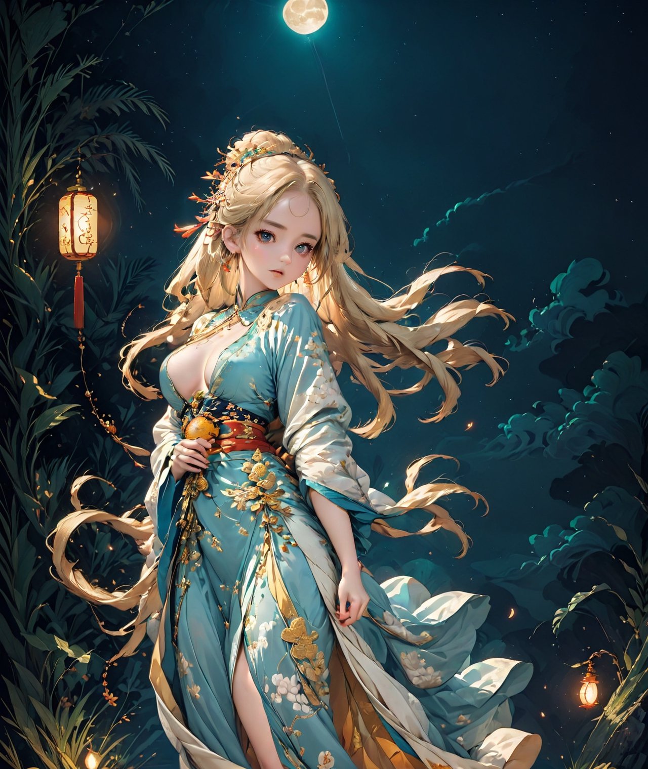 ((anime style)),  masterpiece, 4K, 1 blonde girl with long hair wearing a traditional Asian dress holding a lantern, large breasts and detail eyes looking at viewers, more detail XL, SFW,  nighttime, moonlight, walking pose, ,huayu