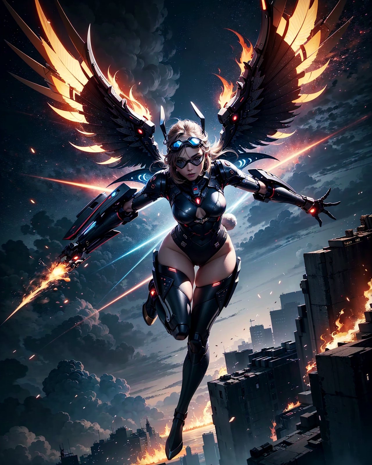 A sexy girl wearing a goggles flying with a futuristic mechanical winged jetpack in a mythical sky, flame, full body portrait, 4K, dynamic angle, photorealistic, solo, (bunny),