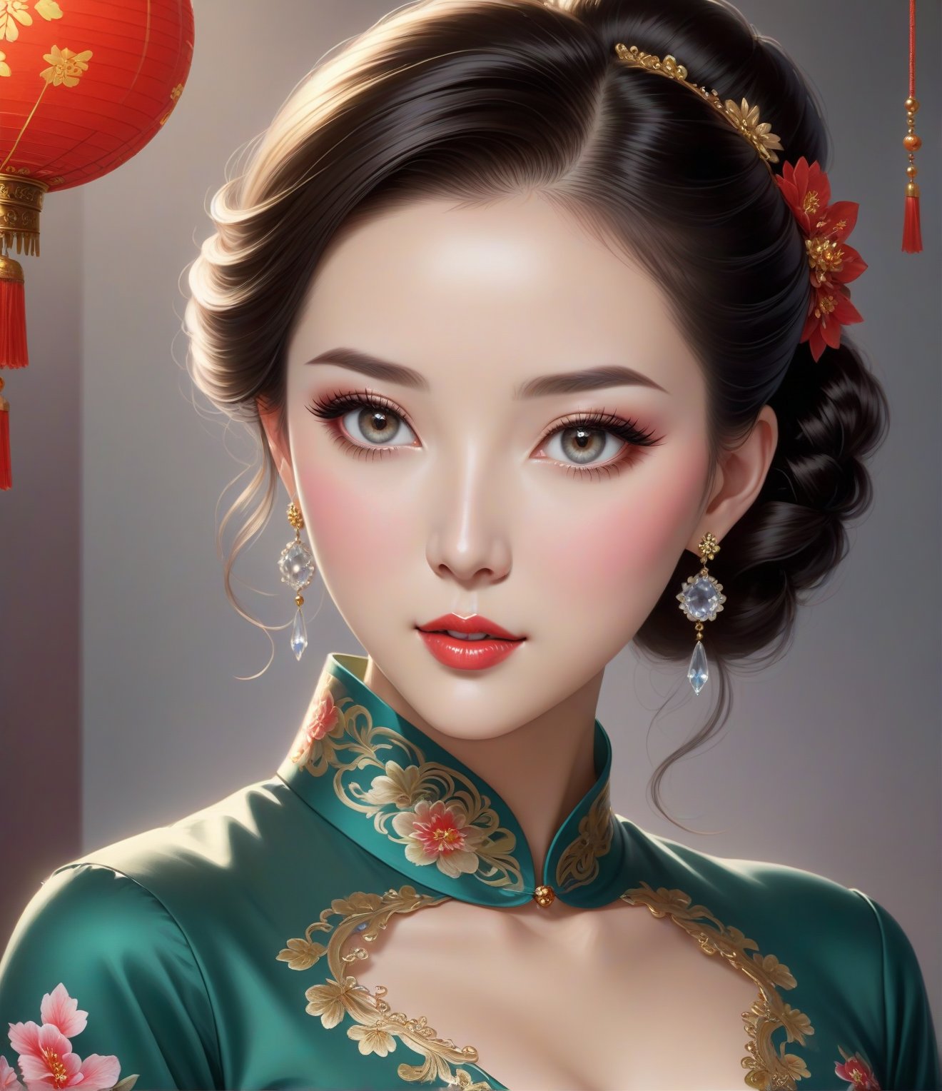 Masterpiece, 4K, ultra detailed, beautiful lady with glamorous makeup, beautiful bright eyes and  glossy lips, dangling crystal earrings, short Chinese cheongsam dress, SFW, beautypinupart