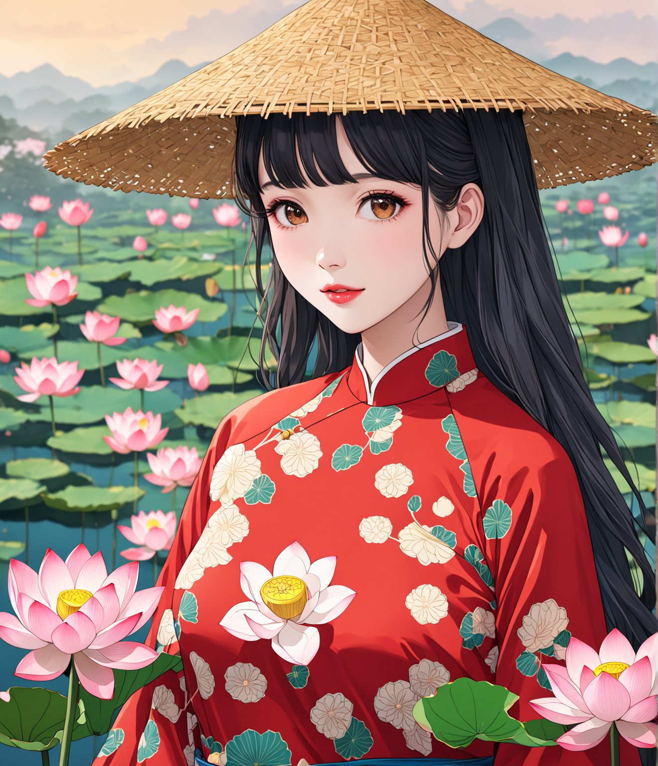 Masterpiece, 4K, ultra detailed, anime Style, 1 beautiful woman with long wavy hair and glossy lips wearing traditional Vietnamese outfit with straw hat, lotus flower s, SFW, depth of field,ao_dai_tet_xl, ukiyoe art style,