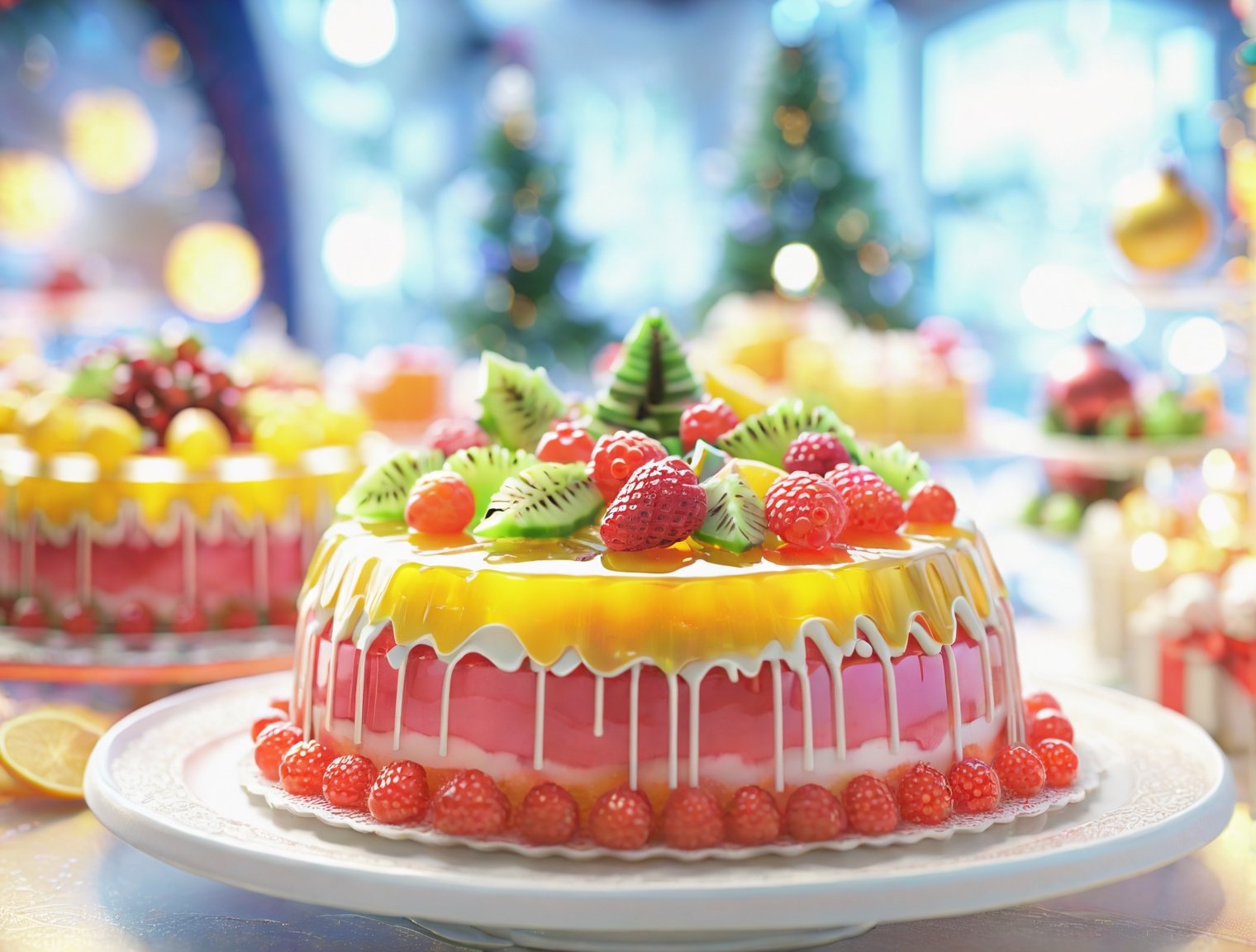 ((anime)), mixed fruiy cake made of jello, Christmas setting, dynamic angle, depth of field, detail XL, ,booth,food focus