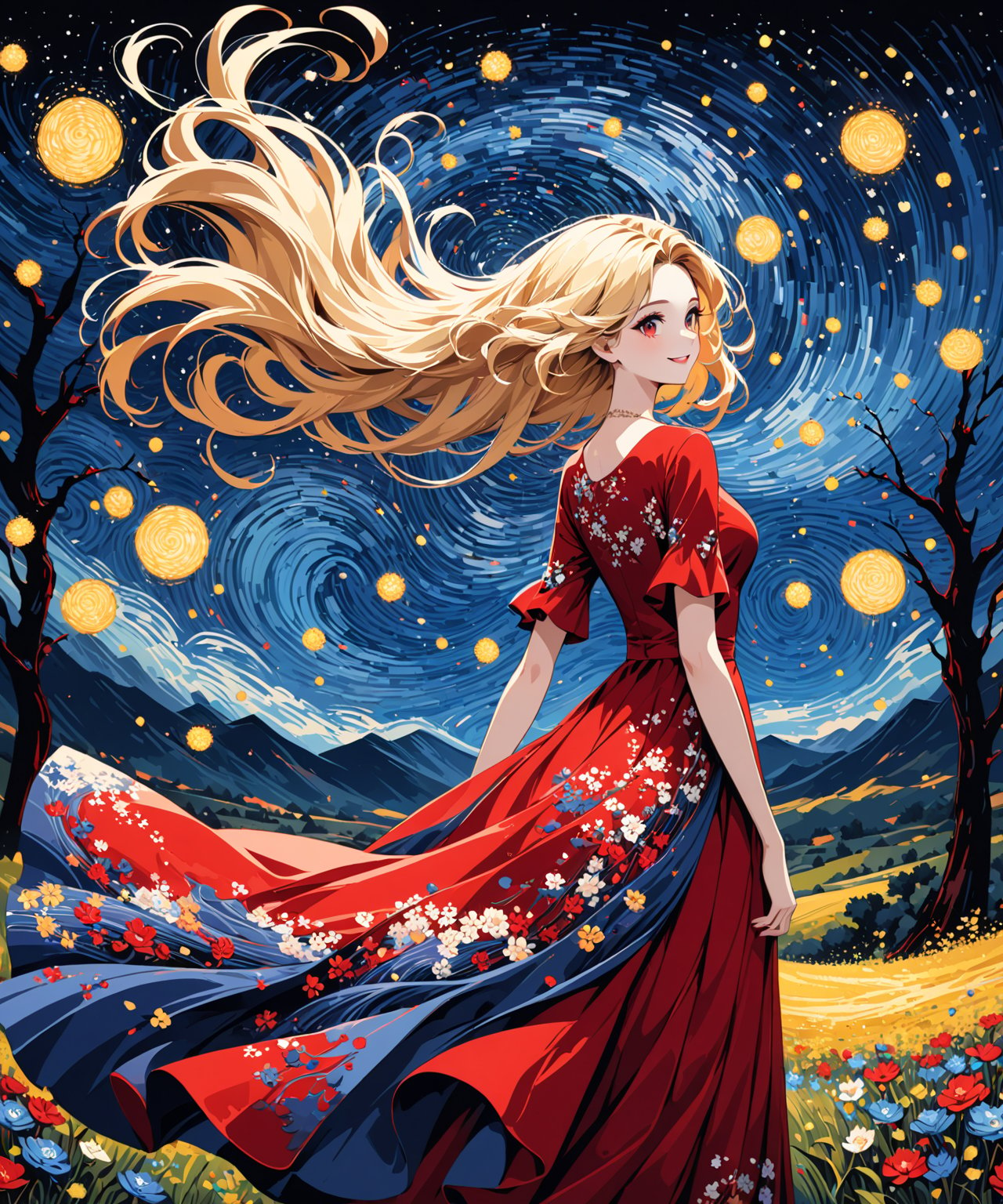 Masterpiece, 4K, ultra detailed, beautiful long flowy blonde hair woman walking in flowering park wearing elegant red satin dress, perfect makeup and smiliing, epic starry night, windy, more detail XL, SFW, depth of field, Ink art, (ukiyoe art style)