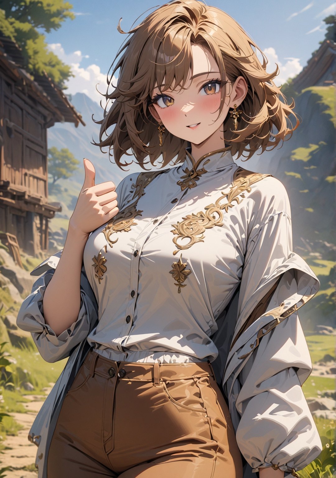 Masterpiece, 4K, ultra detailed, ((solo)), newest, anime style, beautiful mature woman thumbs up to viewers, beautiful hazel eyes and gold earrings, windy outdoor, more detail XL, SFW,