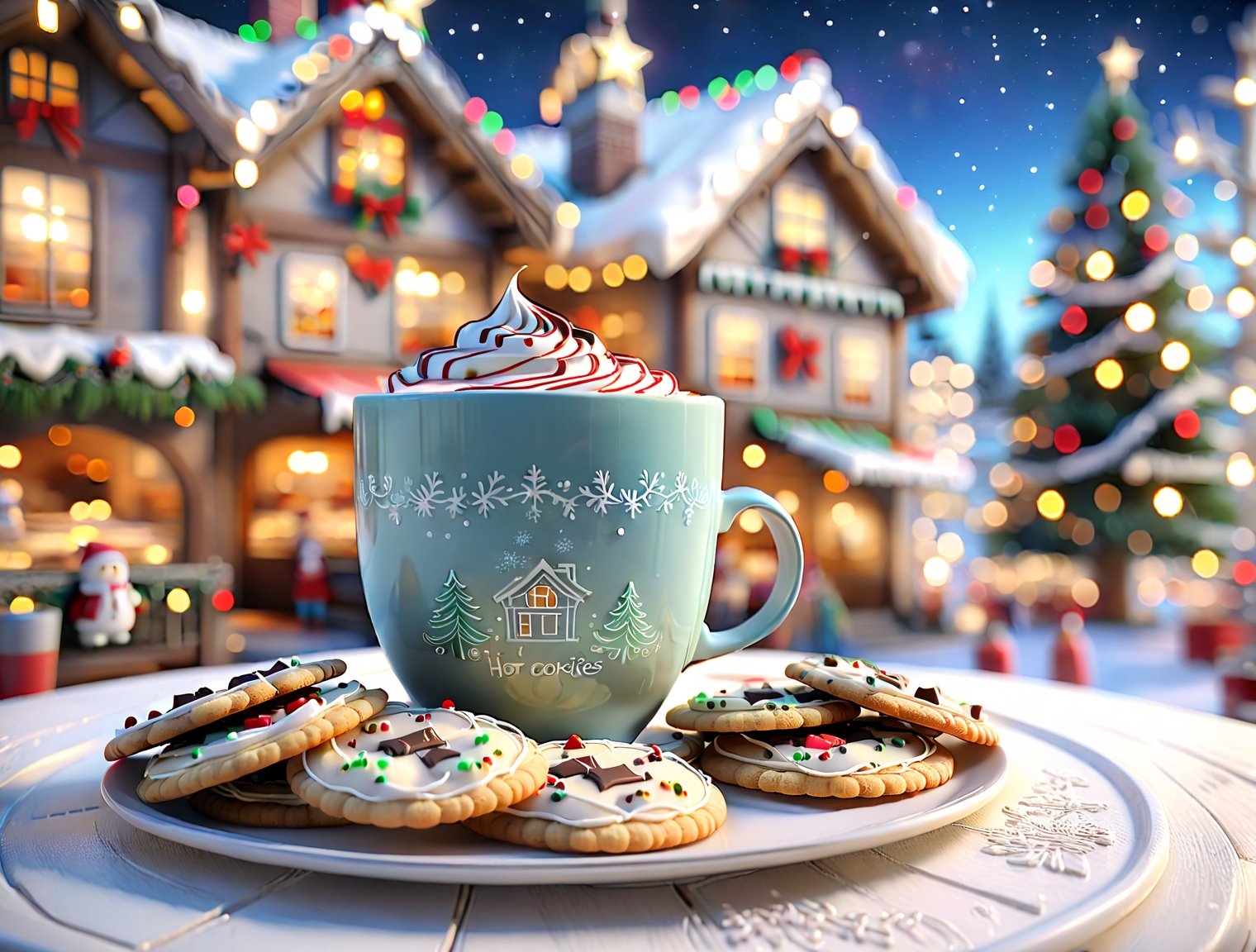 ((anime)), cookies and a cup of hot chocolate, Christmas setting, dynamic angle, depth of field, detail XL, ,booth,food focus,no humans