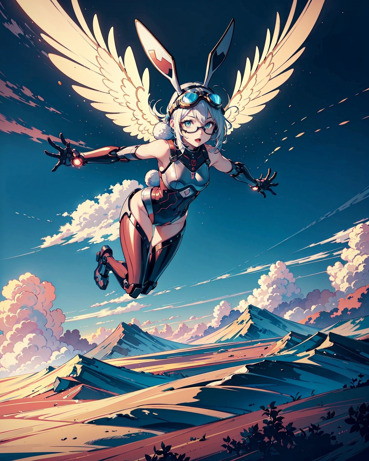 A sexy girl wearing a goggles flying with a futuristic mechanical winged jetpack in a mythical sky, full body portrait, 4K, dynamic angle, photorealistic, solo, (bunny), tiny rabbits, chibi, 