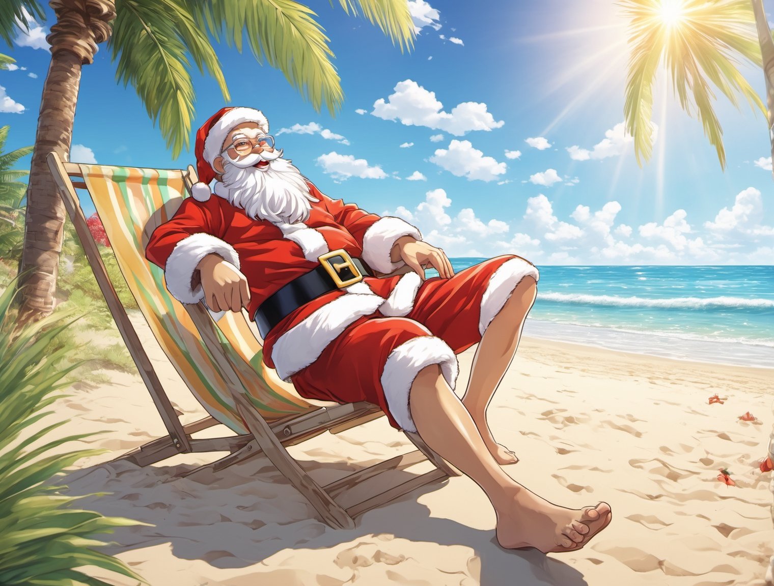 ((anime)), Santa Claus wearing shorts relaxing on a sandy beach, sun tanning, Palm tree, dynamic angle, depth of field, detail XL, solo,