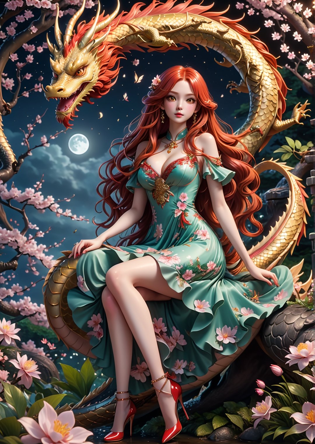 4K, ultra detailed, photorealistic, 1 girl with long red hair wearing a floral dress, Stilettos high heels, large breasts and detail eyes looking at viewers, dynamic sitting poses, dragon in the background, more detail XL, SFW, garden with Sakura flowers, windy, nighttime, moonlight, 