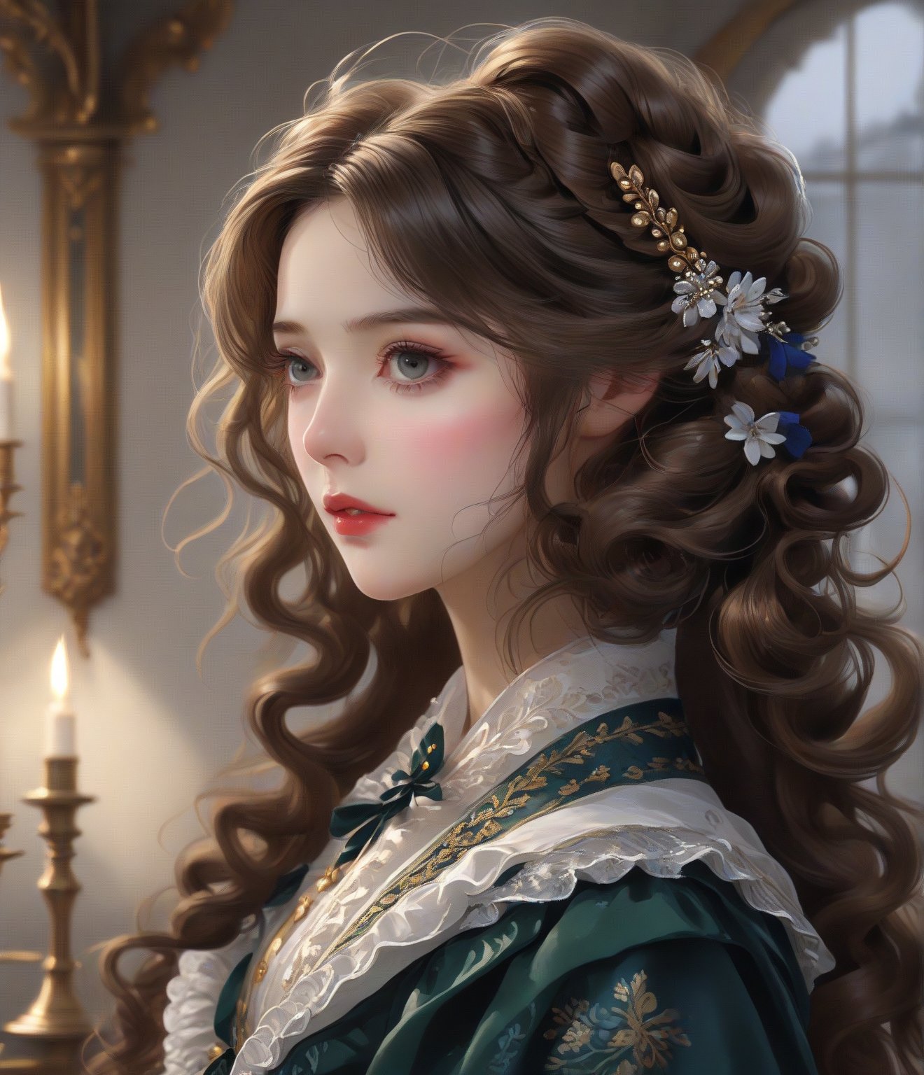 Masterpiece, 4K, ultra detailed, anime Style, 1 beautiful woman with long wavy hair and glossy lips wearing traditional Victorian outfit, SFW, depth of field,shuimo style