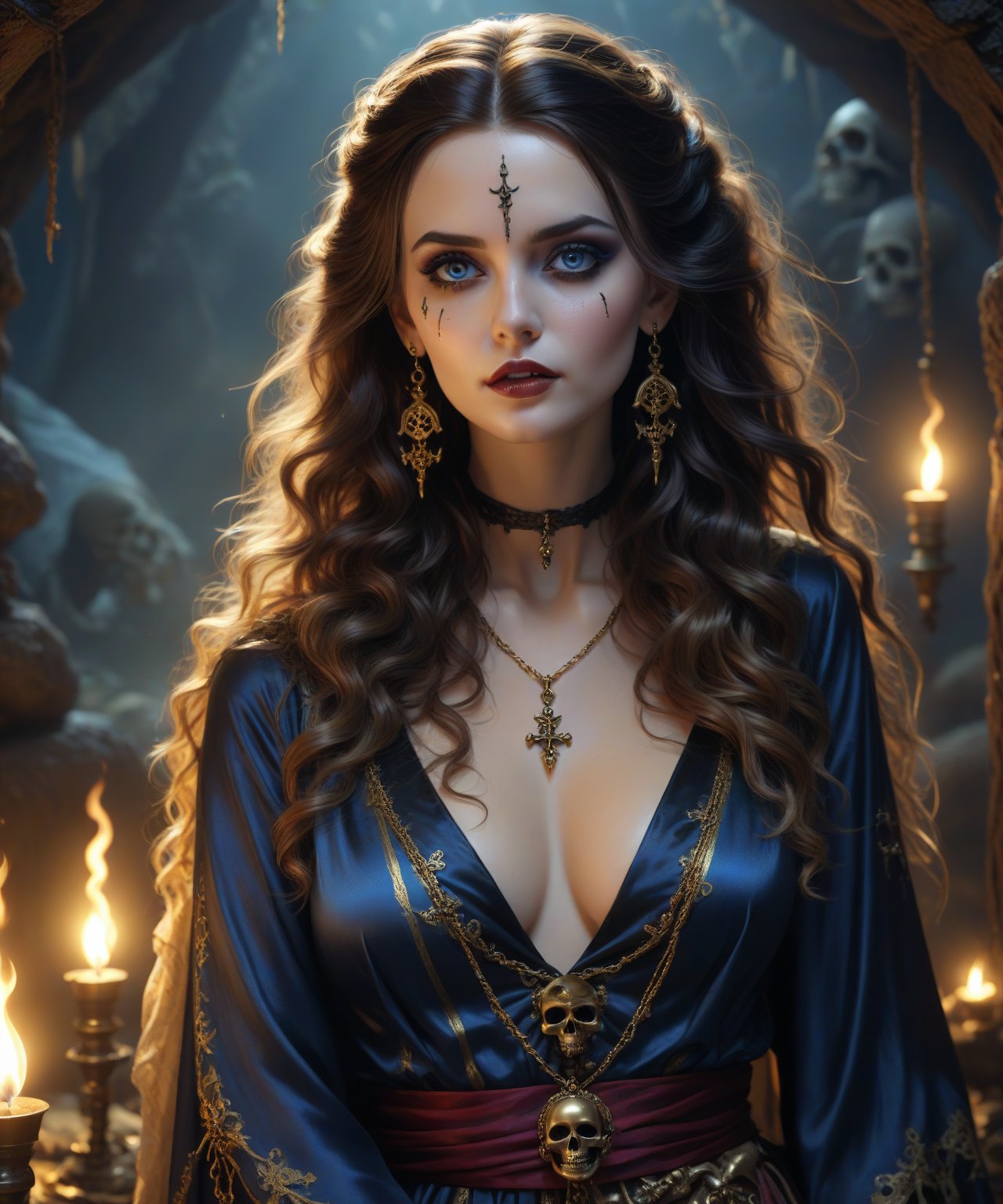 Masterpiece, 4K, ultra detailed, beautiful female pirate with flawless goth makeup, beautiful detailed blue eyes and glossy lips, golden earring, wavy long hair, silk robe, in a secret hideout with skeleton in the ground, torch lights, depth of field, SFW, more detail XL,