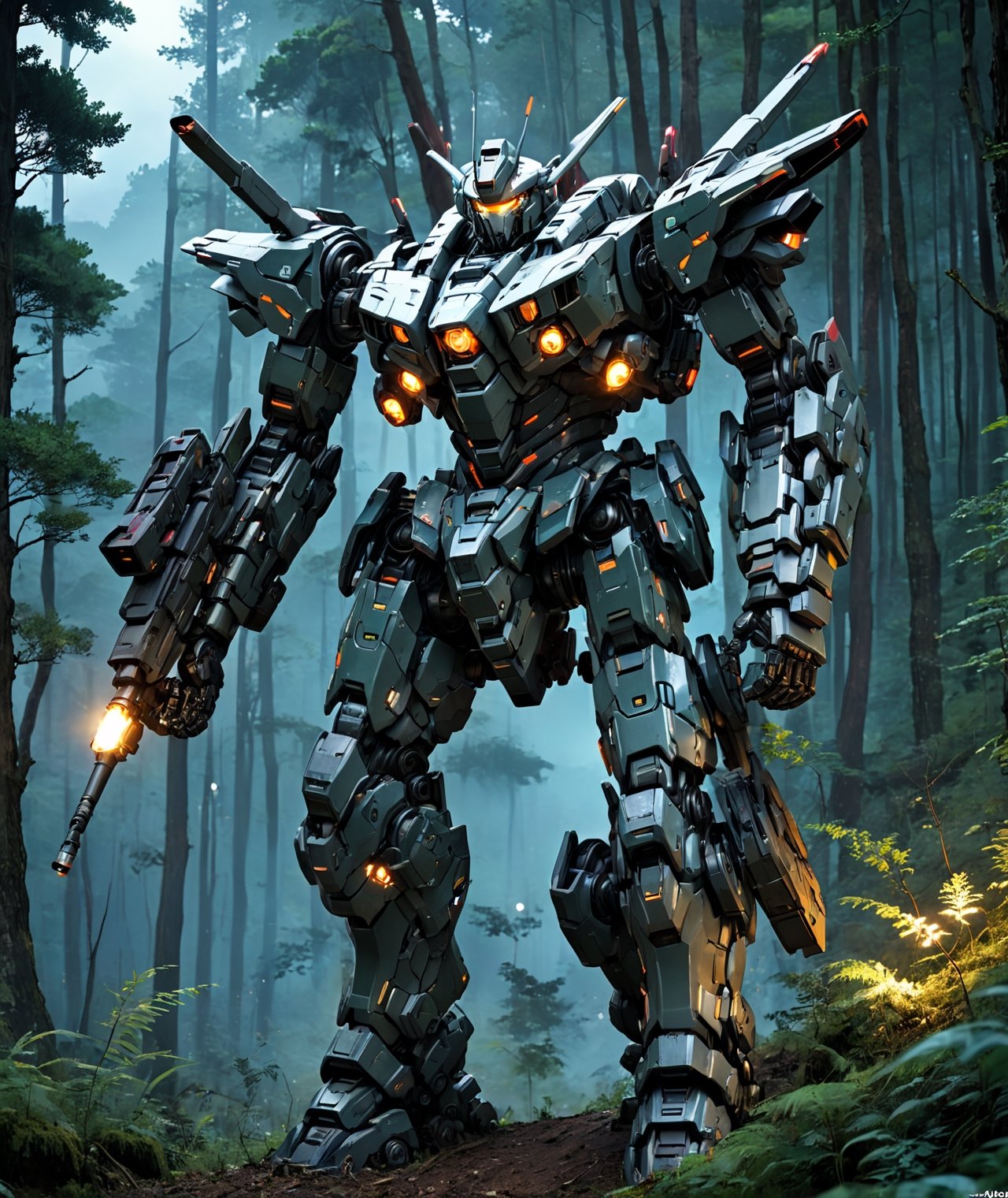 anime style, futuristic mech armor power suit in a forest at nighttime, moving on a hillside, dynamic angle, more detail XL,armored core,机甲