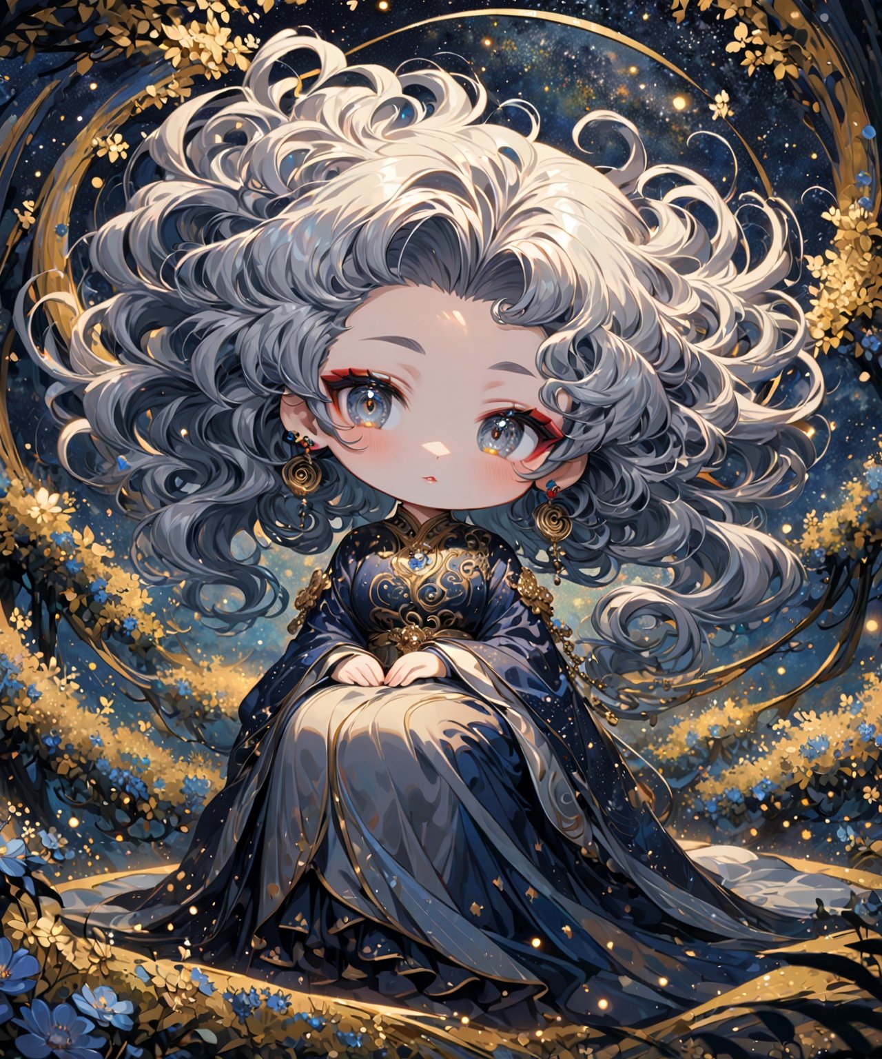 Masterpiece, 4K, ultra detailed, ((solo)), ((chibi)), anime impressionism art style, elegant mature woman with beautiful detailed eyes and glamorous makeup, long flowy gray hair, finely detailed earrings, sitting in a flowering forest,  swirling starry night, more detail XL, SFW, depth of field,kabuki