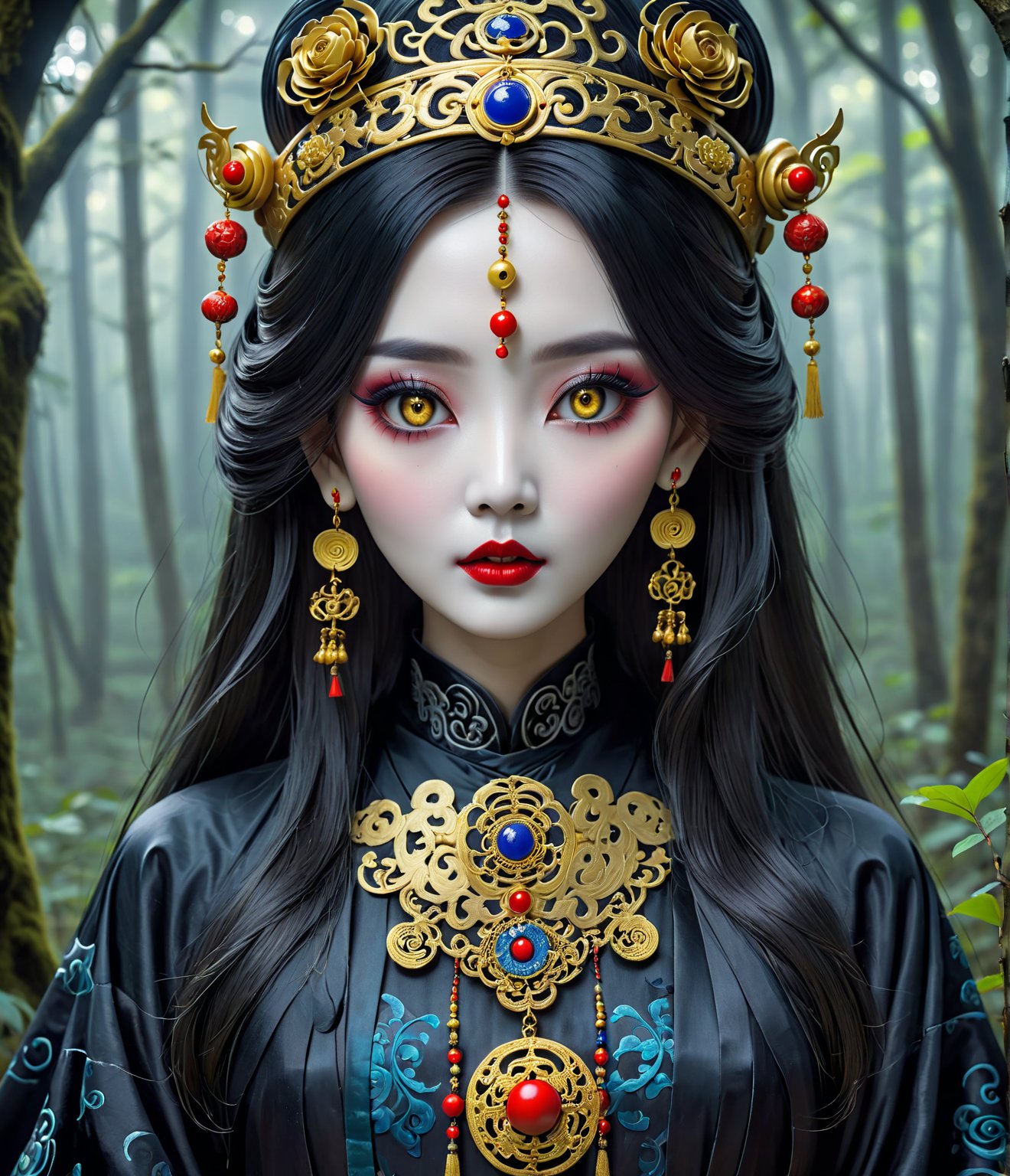 Masterpiece, 4K, ultra detailed, frightening female Jiangshi with flawless goth makeup, paper talisman on forehead and glossy lips, golden earring, wavy long hair, dark silk robe with very long sleeves, in a misty dark forest, depth of field, SFW, more detail XL,