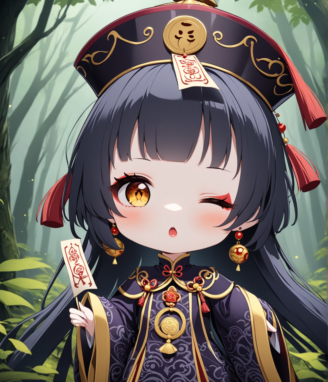 Masterpiece, 4K, ultra detailed, chibi anime style, frightening female Jiangshi with flawless goth makeup, paper talisman on forehead and glossy lips, eyes closed, golden earring, wavy long hair, dark silk robe with very long sleeves, in a misty dark forest, depth of field, SFW, more detail XL,