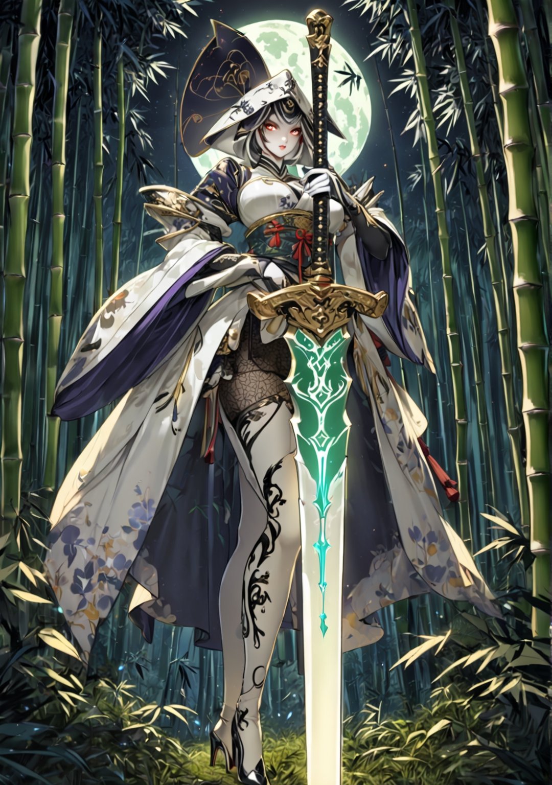 Masterpiece, 4K, ultra detailed, ((solo)), anime art style, beautiful swordswoman, beautiful detailed eyes and glamorous makeup ,white stilettos high heels and stockings, bamboo forest at nighttime, moonlight, more detail XL, SFW, depth of field, glowing sword, ,kabuki