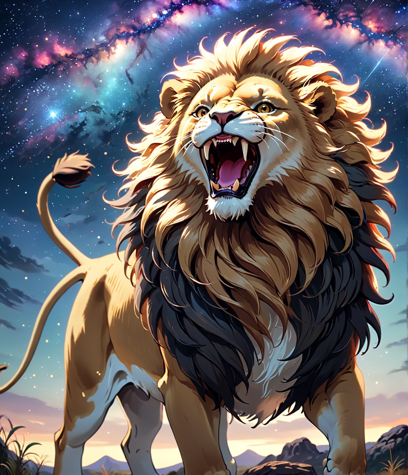 Masterpiece, 4K, ultra detailed,1 majestic lion in safari roaring, epic night sky, more detail XL, SFW, depth of field, art nouveau style, ,dal-1