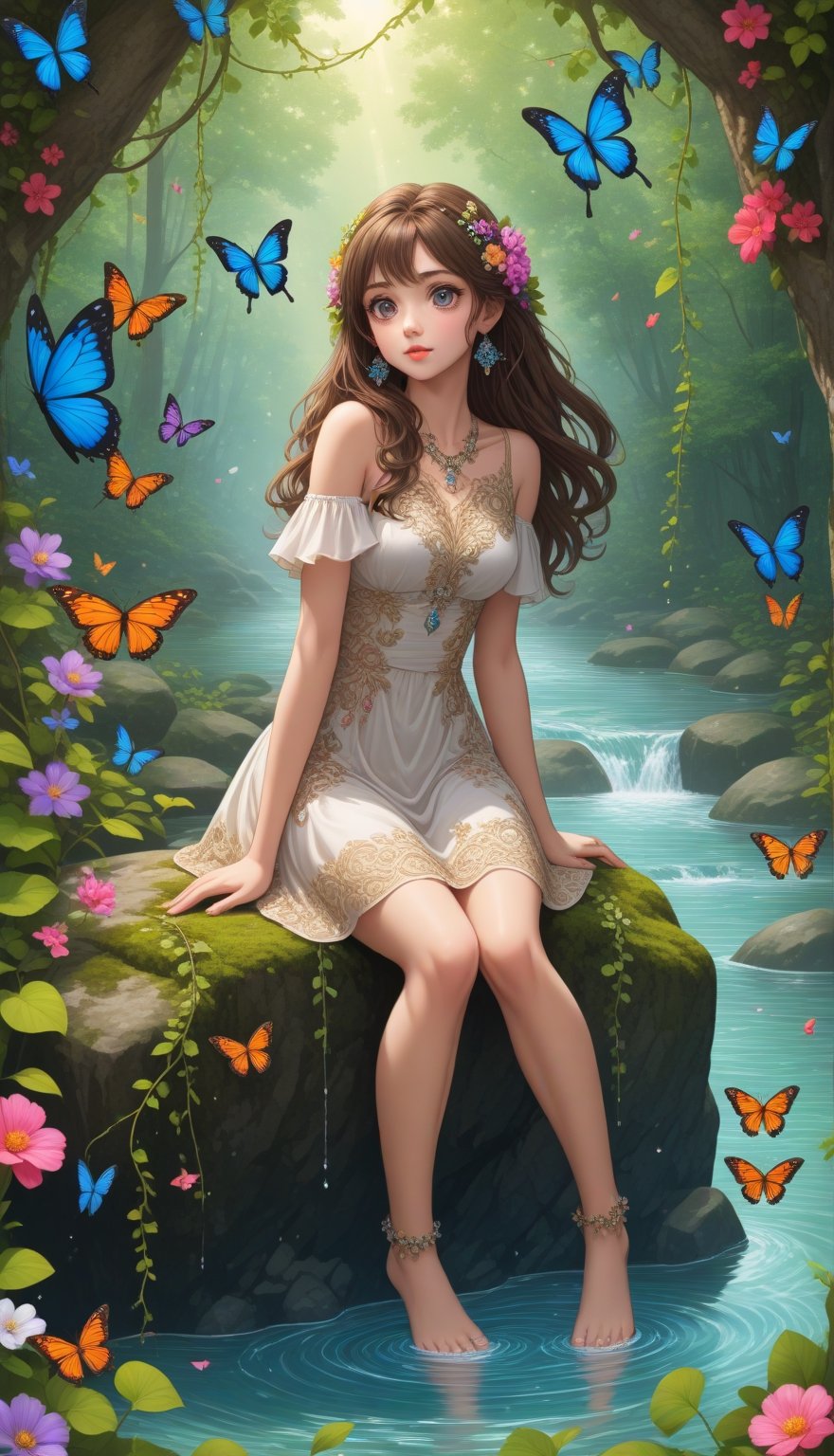 Solo, full body portrait, beautiful woman with long brown hair, big detailed eyes and dangling crystal earrings, sitting on boulders, both feet in water kicking, in forest with hanging thick vines, colorful flowers, butterflies, highly detailed, dynamic angle, more detail XL, ,<lora:659095807385103906:1.0>