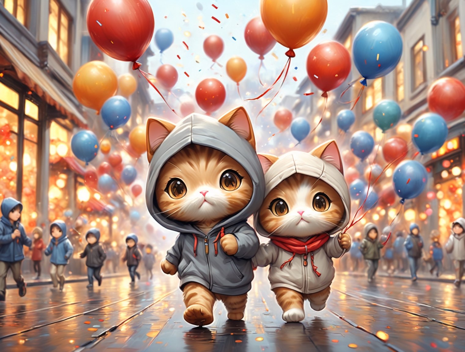 ((chibi style)), chibi cat in hoodie walking on busy street, new year setting, balloon and firecrackers, dynamic angle, depth of field, detail XL, closeup shot, finetune,ghibli,digital painting