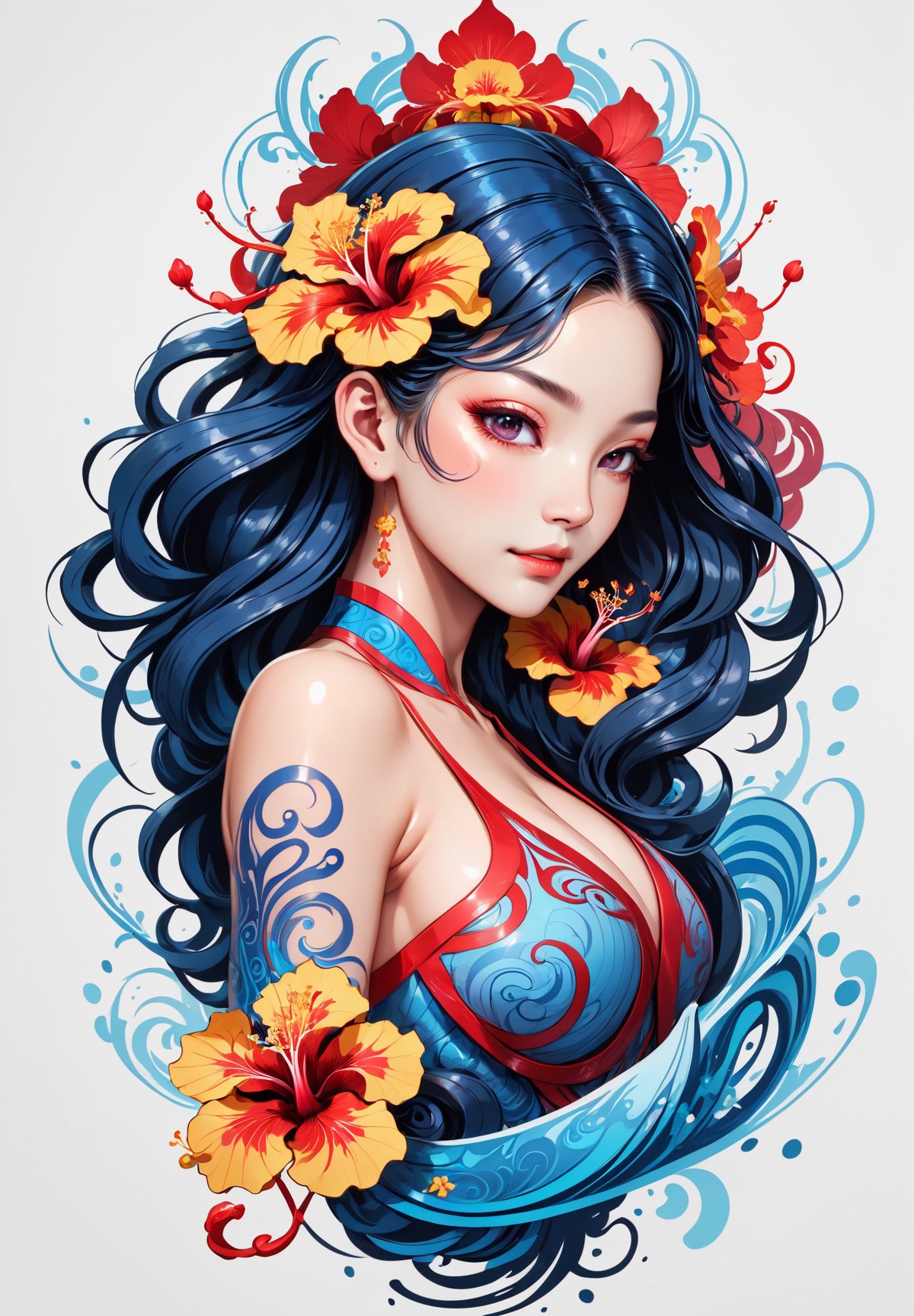 thin and thick color lines stroke, splash art, 1 liquid luminous lady made of colors, liquid hibiscus flowers, filigree, filigree detailed, swirling blue waves, intricated pose, big beautiul eyes, slim waist, oni style,oni style