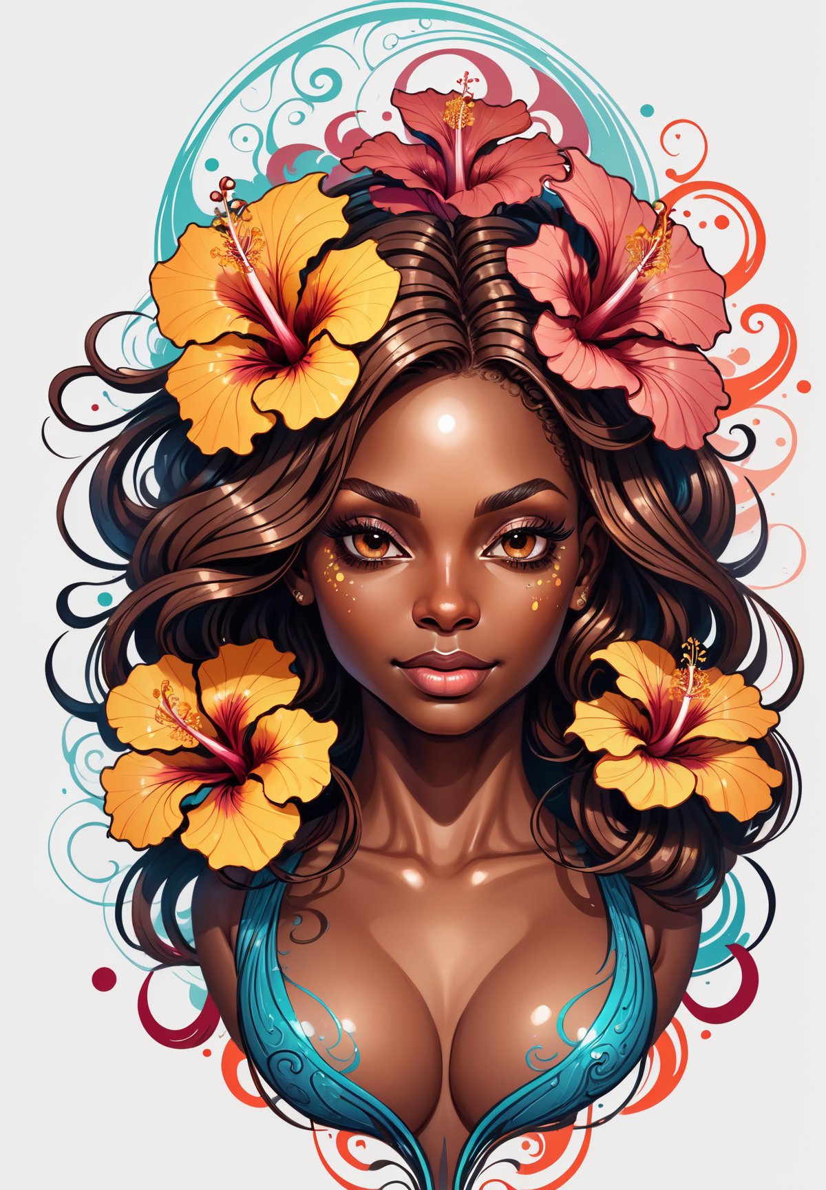 thin and thick color lines stroke, splash art, 1 liquid luminous scarly hair brown skin lady made of colors, liquid hibiscus flowers, filigree, filigree detailed, swirling waves, intricated pose, big beautiul eyes, slim waist, oni style,oni style