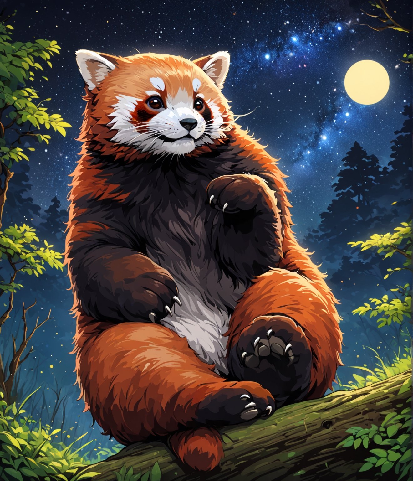 Masterpiece, 4K, ultra detailed, 1 adorable red panda on a forest, epic night sky, more detail XL, SFW, depth of field,Ink art, 