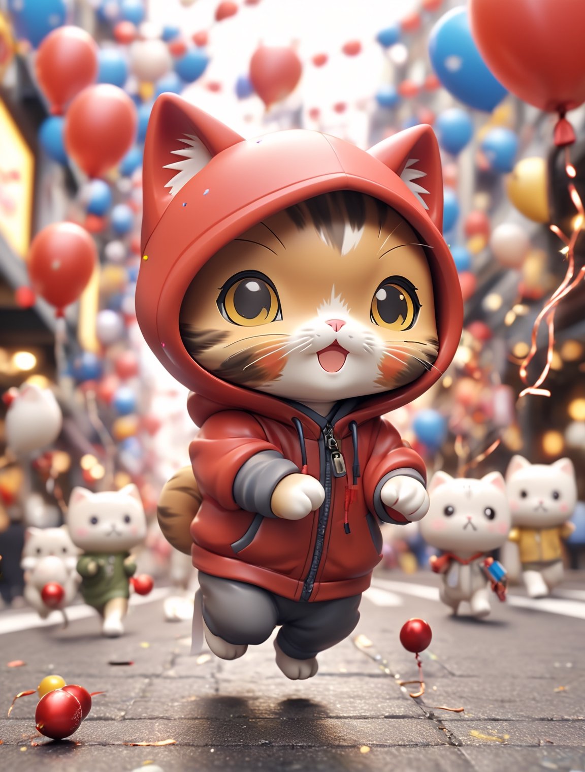 ((chibi style)), chibi cat in hoodie walking on busy street, new year setting, balloon and firecrackers, dynamic angle, depth of field, detail XL, closeup shot, finetune,ghibli