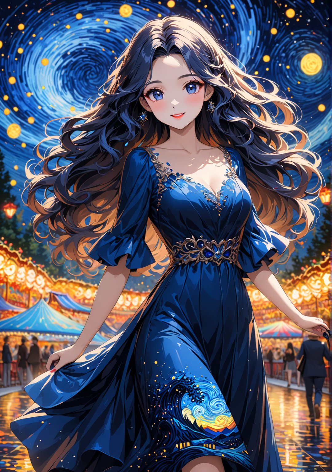 Masterpiece, 4K, ultra detailed, anime style, beautiful long flowy hair woman walking in amusement park wearing elegant satin dress, perfect makeup and smiliing, epic starry night, windy, more detail XL, SFW, depth of field, Ink art, 