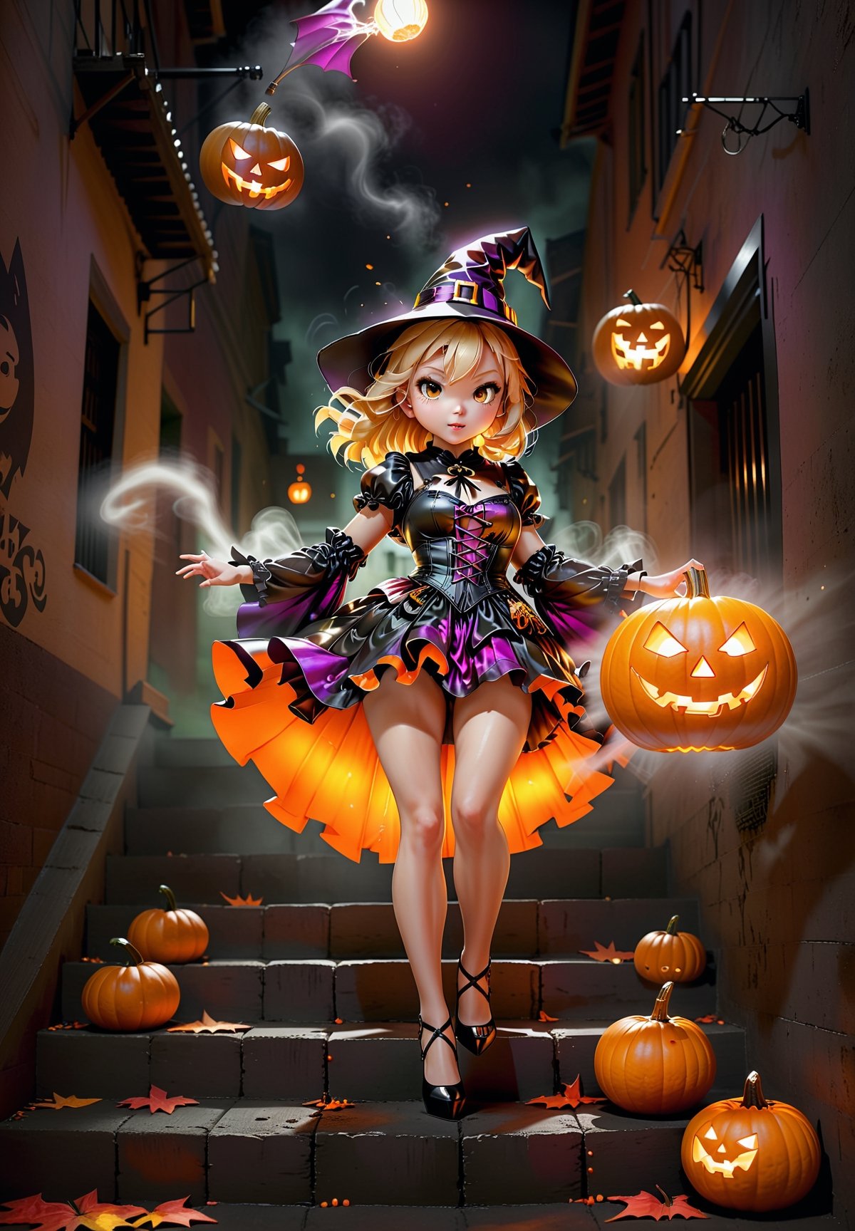 Photorealistic chibi art style, a beautiful blonde woman in witch costume and high heels, throwing a pumpkin at the viewers, motion, artistic, artist, simple volumtric light backgroung walking down a stair in a dark alley, ColorART, windy and misty, chibi,