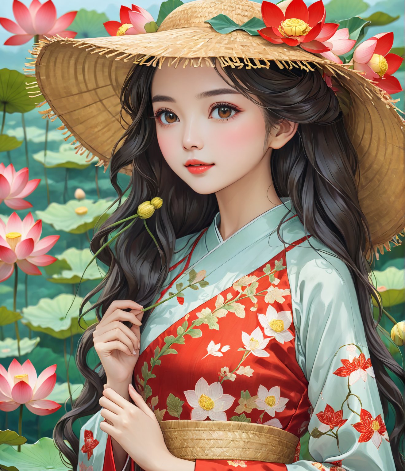 Masterpiece, 4K, ultra detailed, anime Style, 1 beautiful woman with long wavy hair and glossy lips wearing traditional Vietnamese outfit with straw hat, lotus flowers, SFW, depth of field,ao_dai_tet_xl, ukiyoe art style,