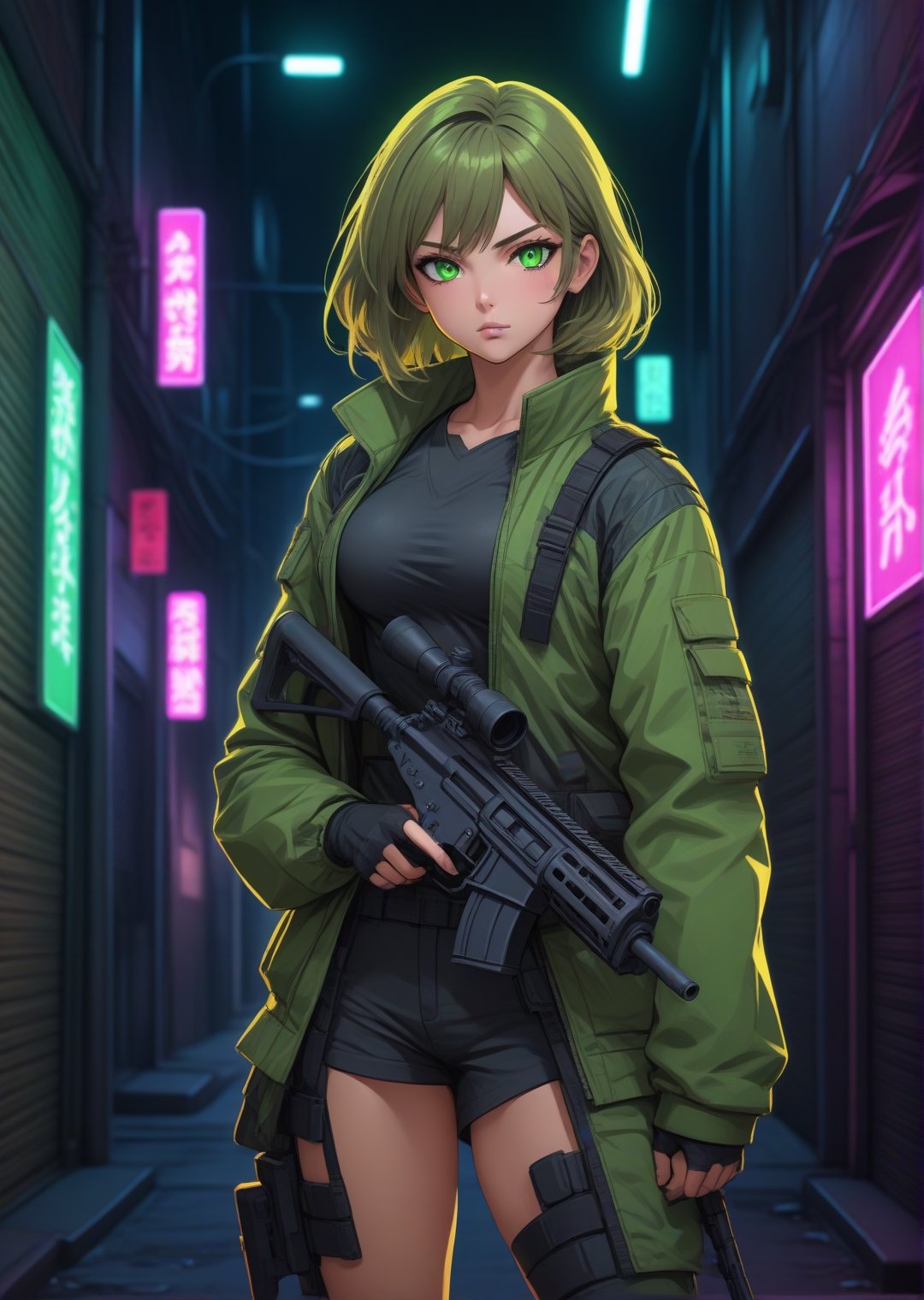 Solo, anime style, Mature female fighter wearing tactical jacket, big detailed green eyes, aiming with rifle, standing quietly in back alley with neon signs, highly detailed, (full body portrait), dynamic angle, more detail XL,,<lora:659095807385103906:1.0>