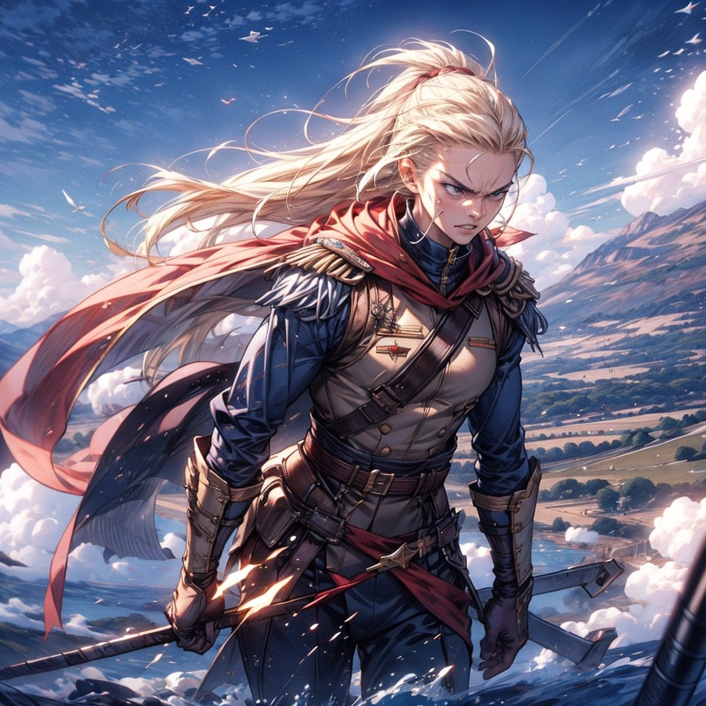 Photorealistic art style, angry female general with cape order the solider to charge forward, highly detailed, windy, artistic, hands pointing forward,